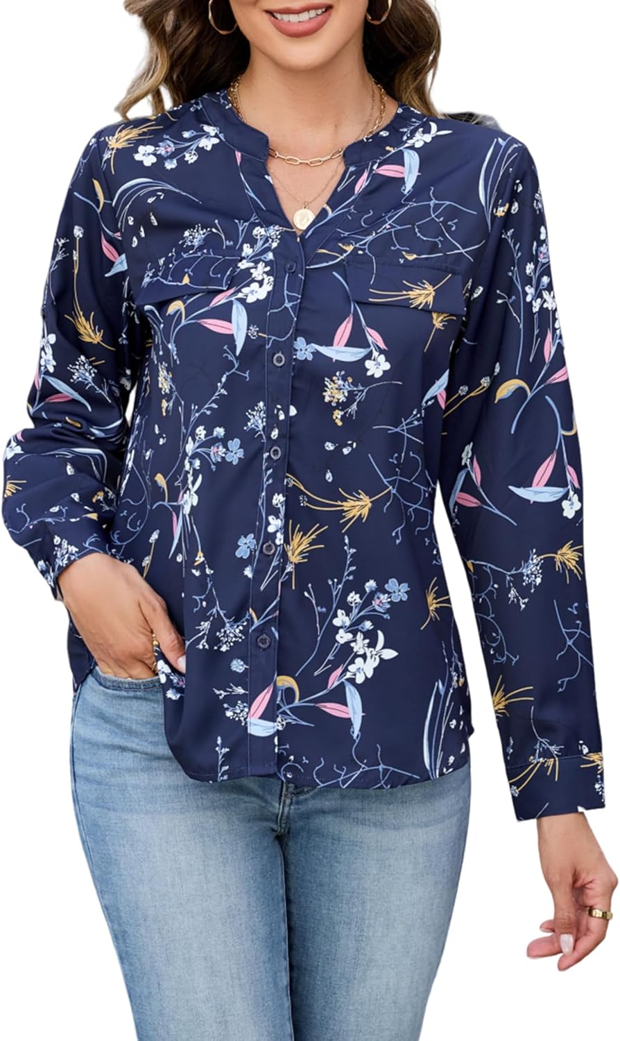AGSEEM Button Down Shirts for Women Dressy Floral Printed Long Sleeve Blouse Business Casual Work Tops - Image 6