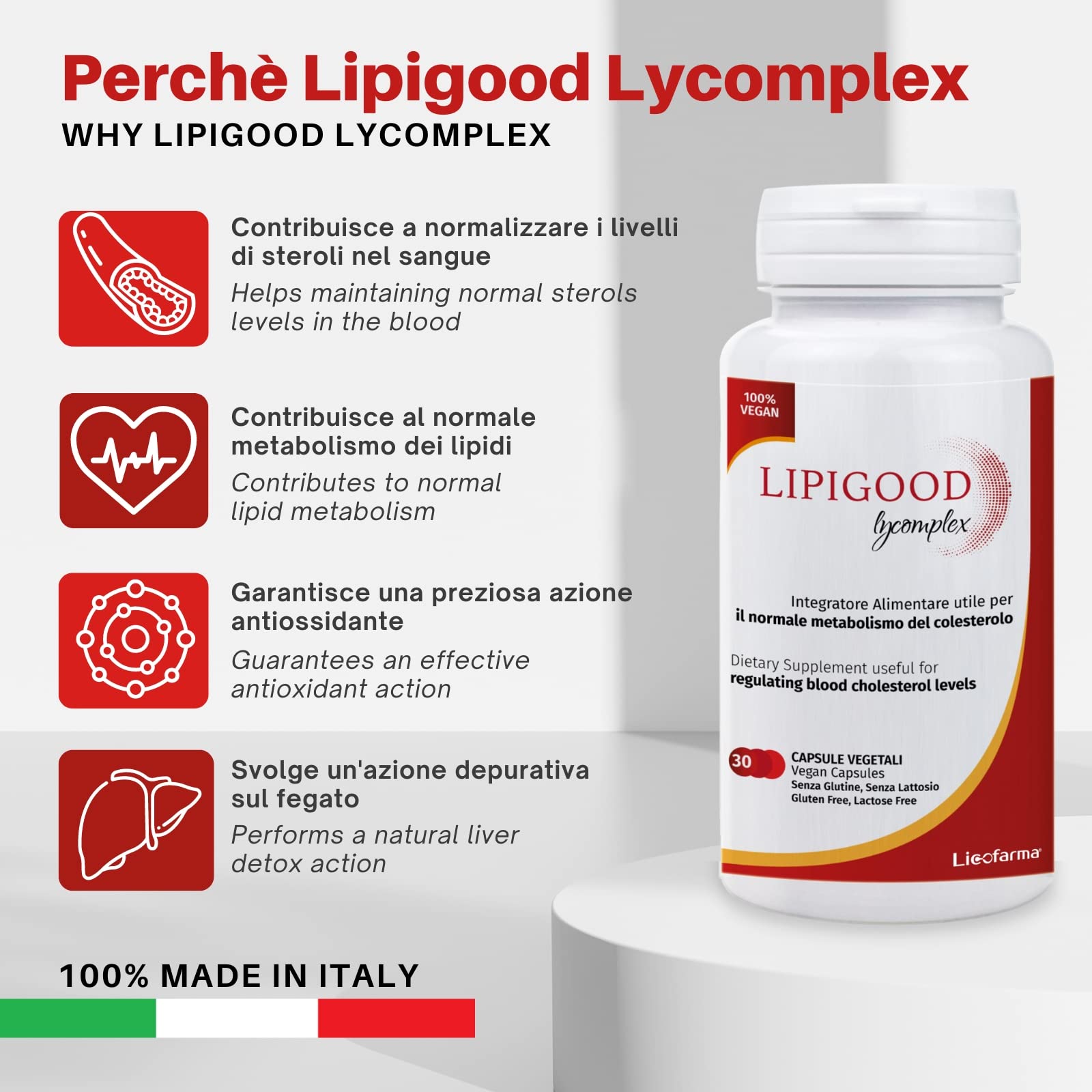 Lipigood Lycomplex Integratore Colesterolo | Riso Rosso Fermentato | Monakolina K, Colina, Licopene, Policosanoli, Carciofo, Coenzima Q10 | Acido Folico, Vitamine B6 e B12 | 30 capsule