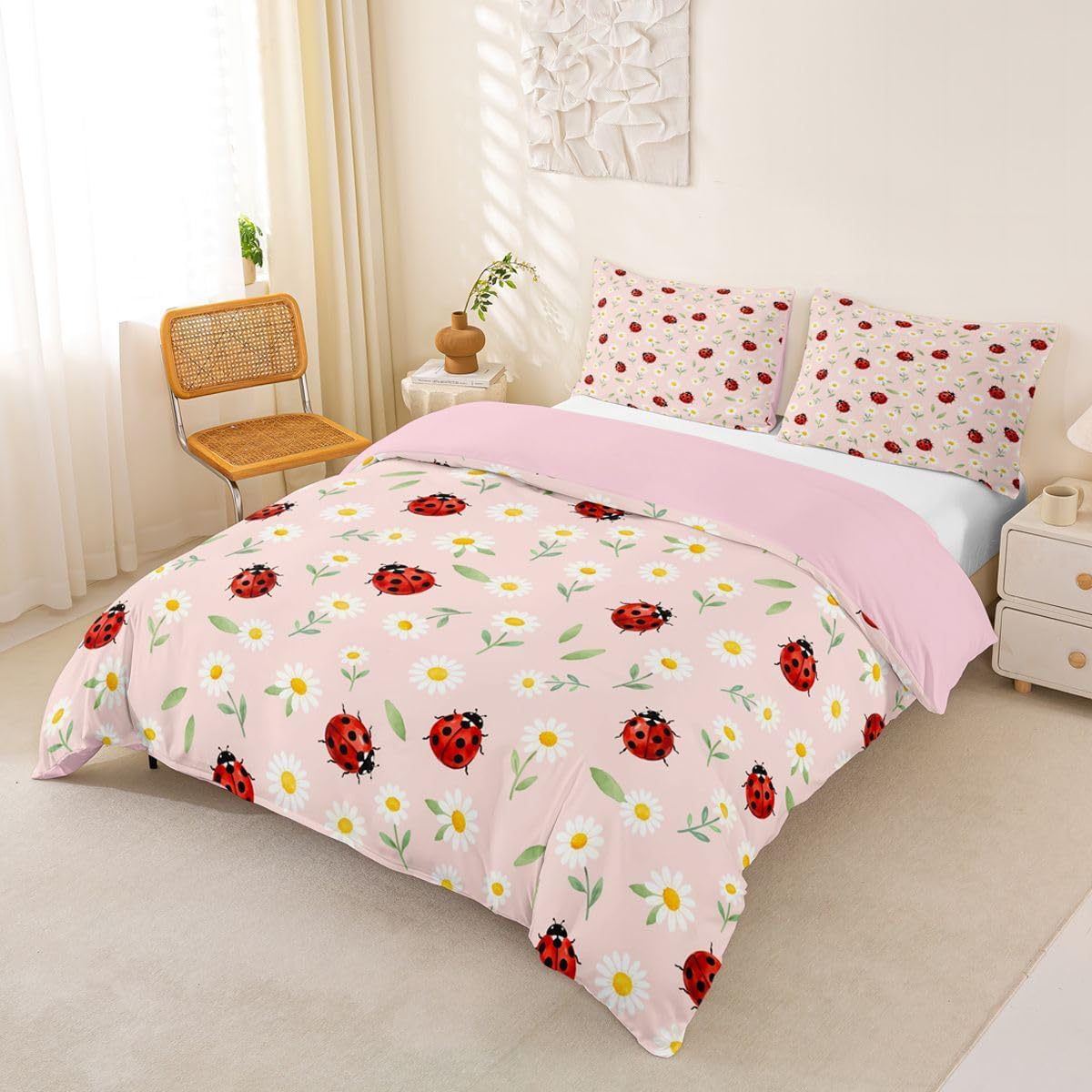 Castle Fairy Cartoon Ladybug Duvet Cover Set Toddler Size Cute Daisy Floral Bedding Set 2Pcs for Kids Girls Adults Room Decor Natural Wildlife Beetles Soft Pink Red Quilt Cover,1 Pillowcase(No Core)