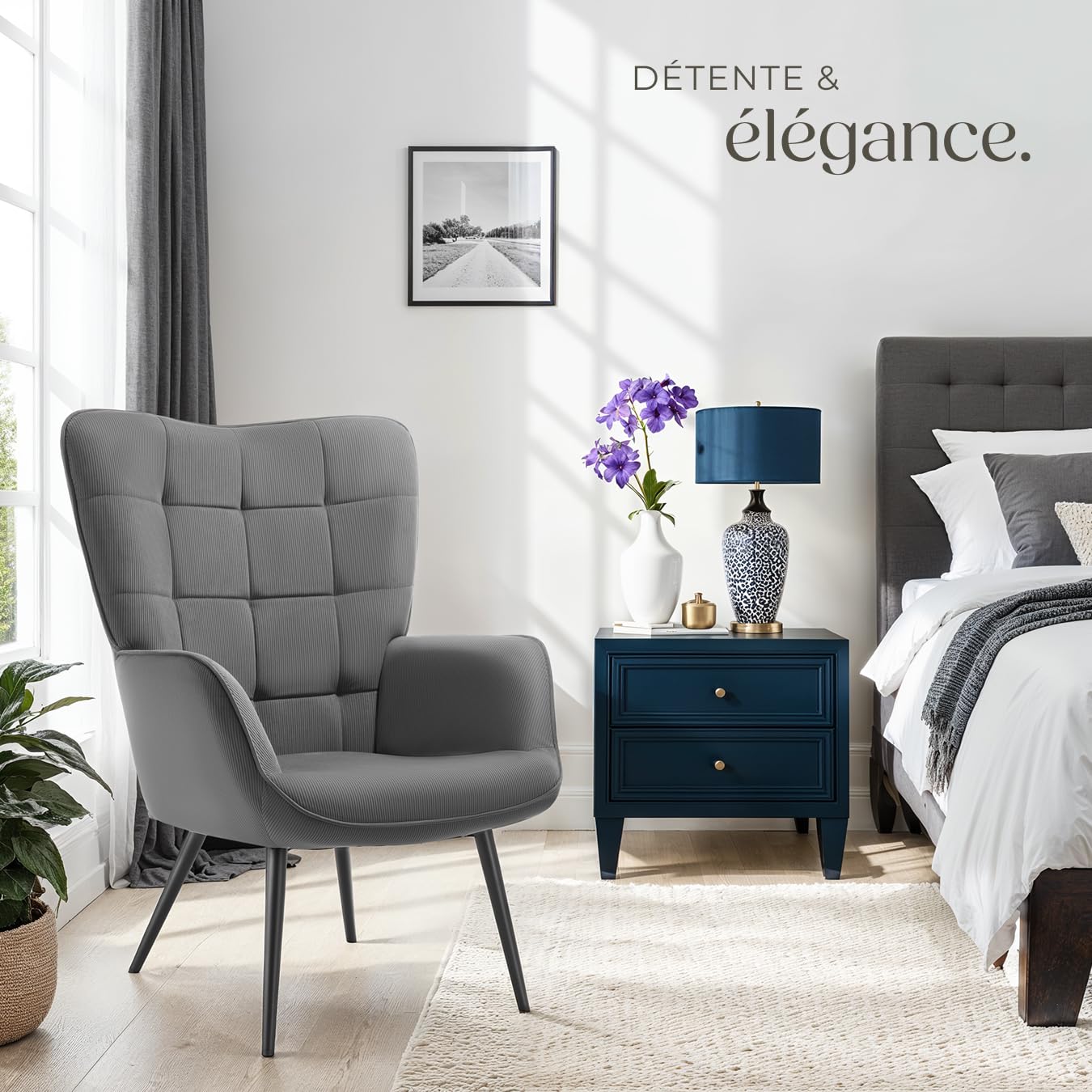 tectake® Fauteuil Relax Confortable en Velours côtelé Fauteuil Scandinave Moelleux avec Accoudoirs & Dossier Ergonomique pour Salle à Manger, Salon, Chambre, Siege Bureau, Allaitement Gris/Noir