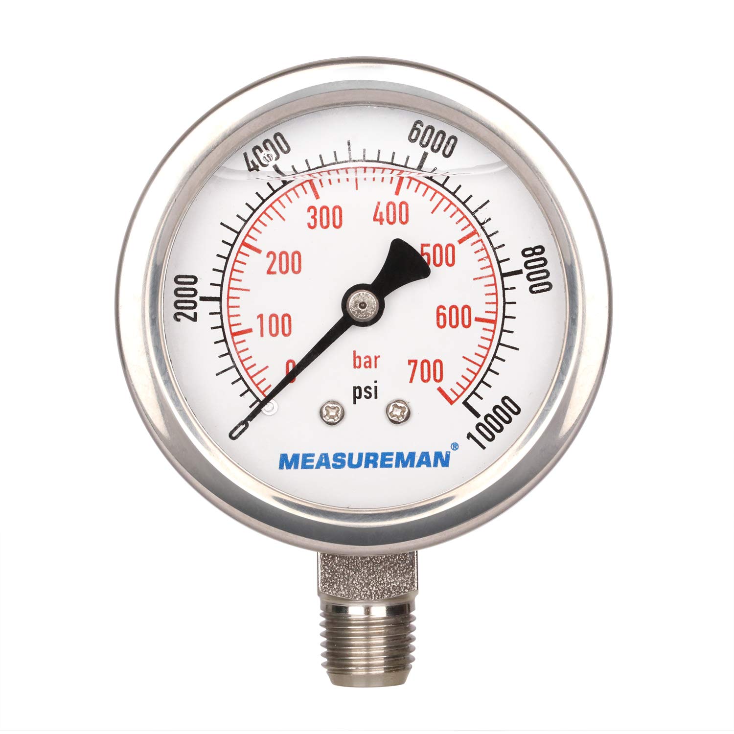 MEASUREMAN 2-1/2" dial,Glycerin Filled Hydraulics Pressure Gauge Stainless Steel case, 316 SS Wetted Part, 0-10000psi/bar1/4 NPT,Lower Mount