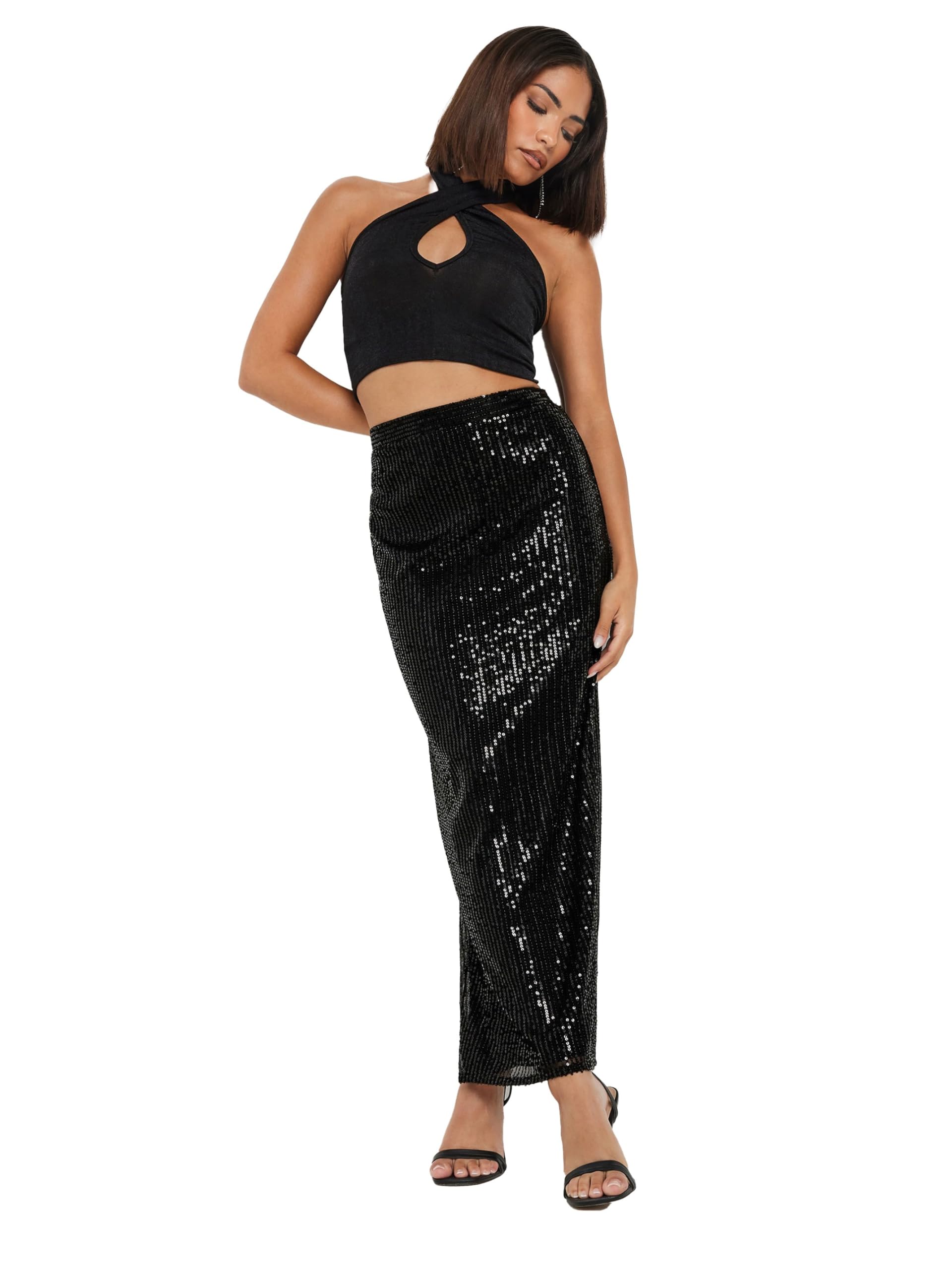Pixiegirl Women's Black Petite Sequin Embellished Maxi Skirt Petite