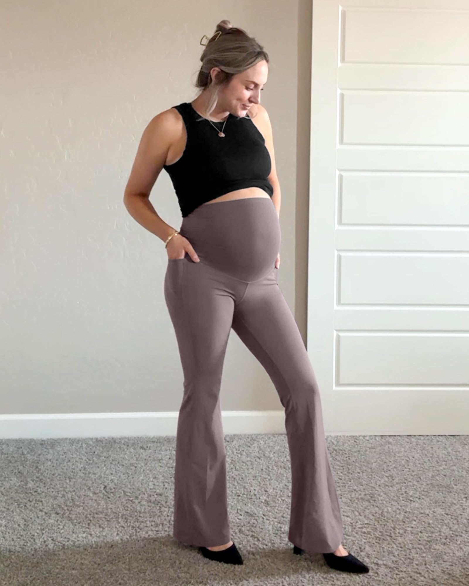 G4Free Umstandshose Damen Umstandsleggings Yogahose Hohe Taille Schlaghose Bootcut Umstandsmode Flared Schwangerschaft Leggings für Schwangere mit Taschen