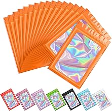 100 x Mylar Pouches, Zip Bags, Plastic Pouch for Sweets, Biscuits, Jwely, Resealable Bag, Transparent Window Holographic Pouch for Fresh Food (4.7 x 7.9 inches, Orange)