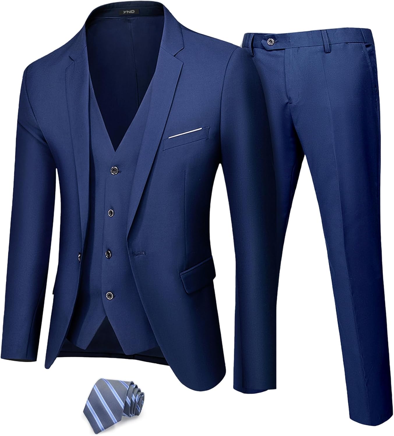YND Men's Slim Fit 3 Piece Suit Set, One Button Solid Blazer Vest Pants with Tie