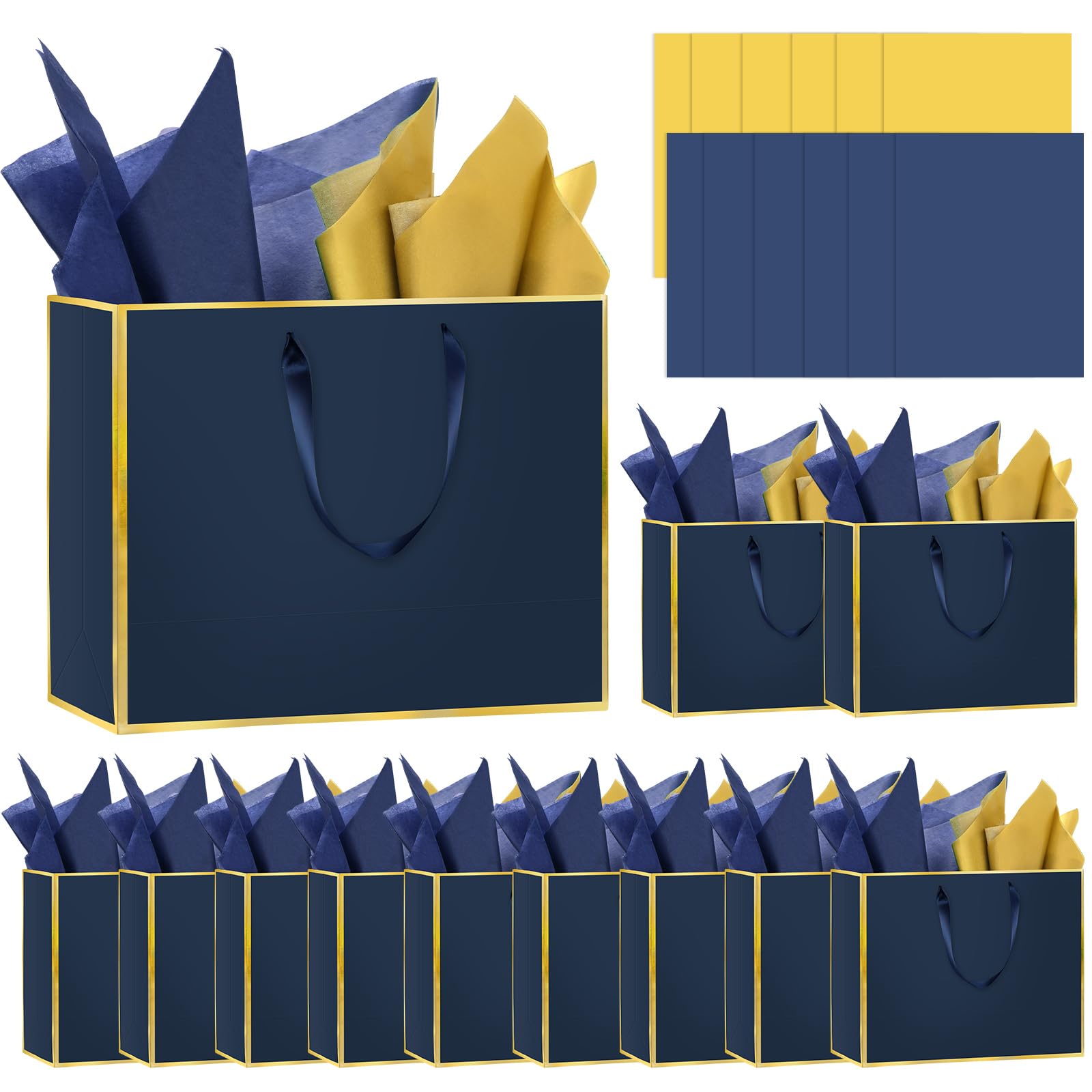 Epoesch 12 Pack Navy Blue Gift Bags with Handles – Includes 24 Tissue Paper – 11.8"x10"x4" – Elegant 5 Senses Gift Bags for Wedding, Bridesmaids, Groomsmen, Guests, Father's Day, Holidays (Navy Blue, Gold)