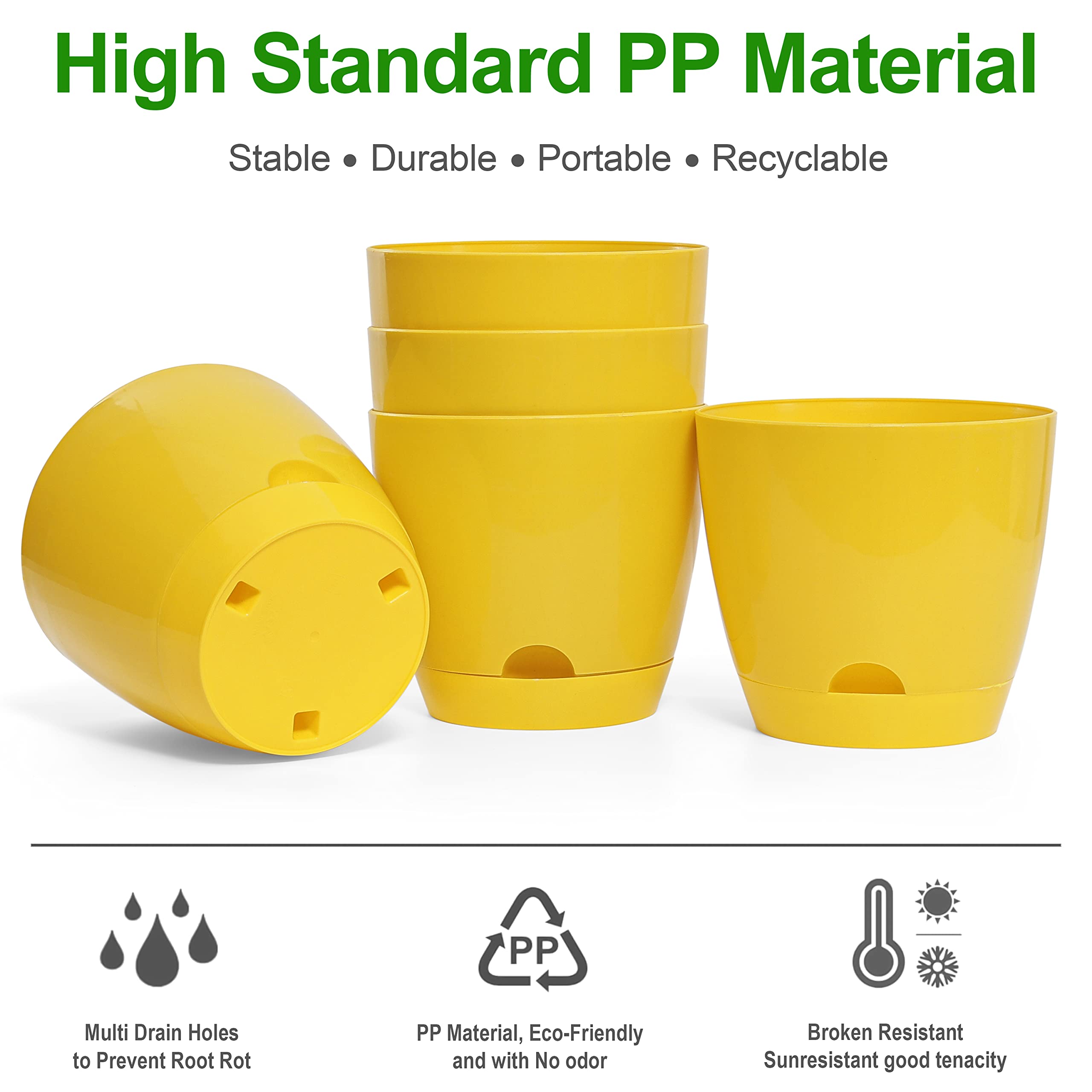 Livzing 7" Self Watering Planter Flower Pot with Drainage Hole - Indoor Outdoor Planter Pots for Balcony Home Garden - Modern Plant Pot - Virgin Plastic Flower Pots - Yellow (Pack of 5) 3