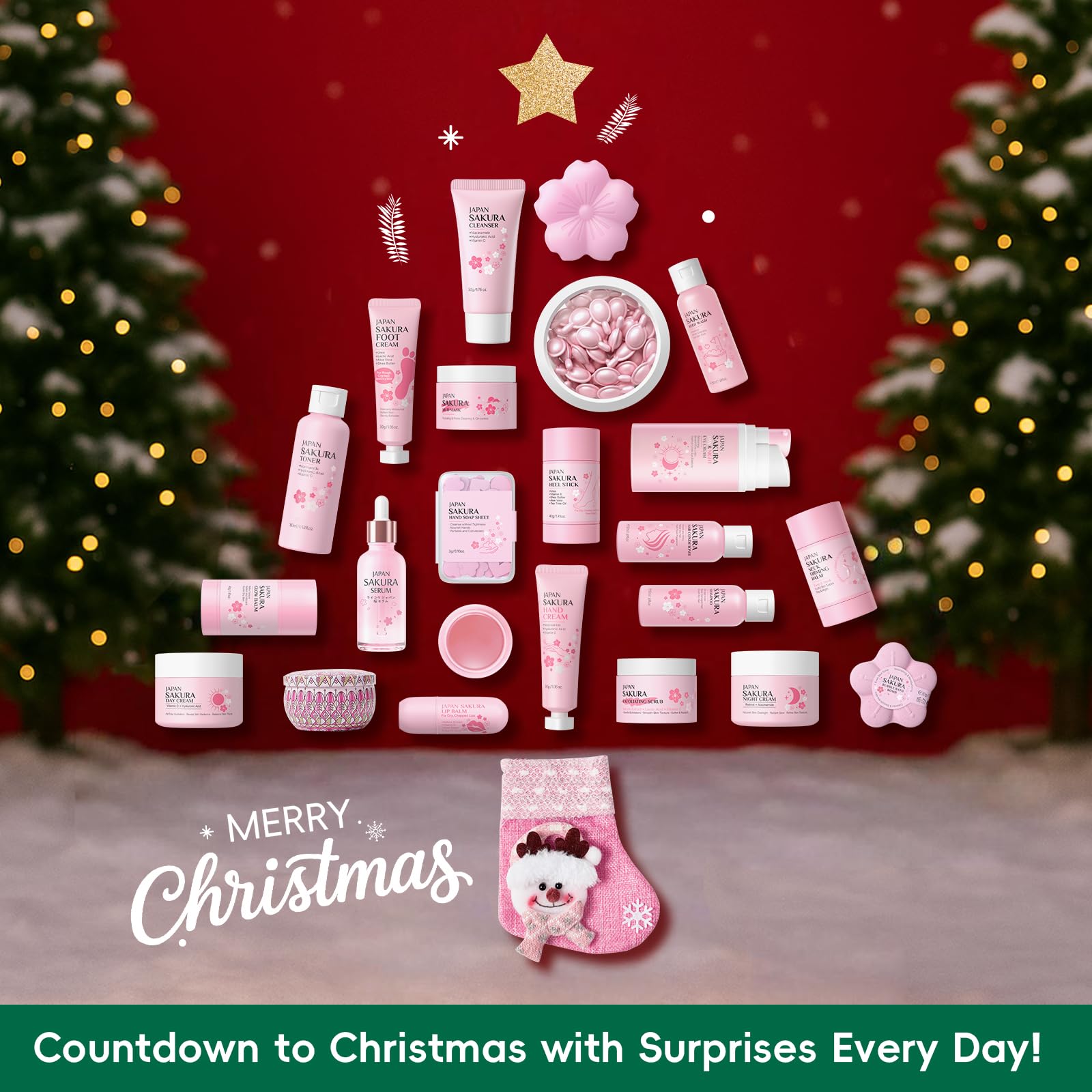 2025 Beauty Adventskalender Damen, 24-teiliges Sakura Weihnachten Adventskalender Geschenke, Sakura Gesichtspflege Set für Frauen Mädchen & Teenager