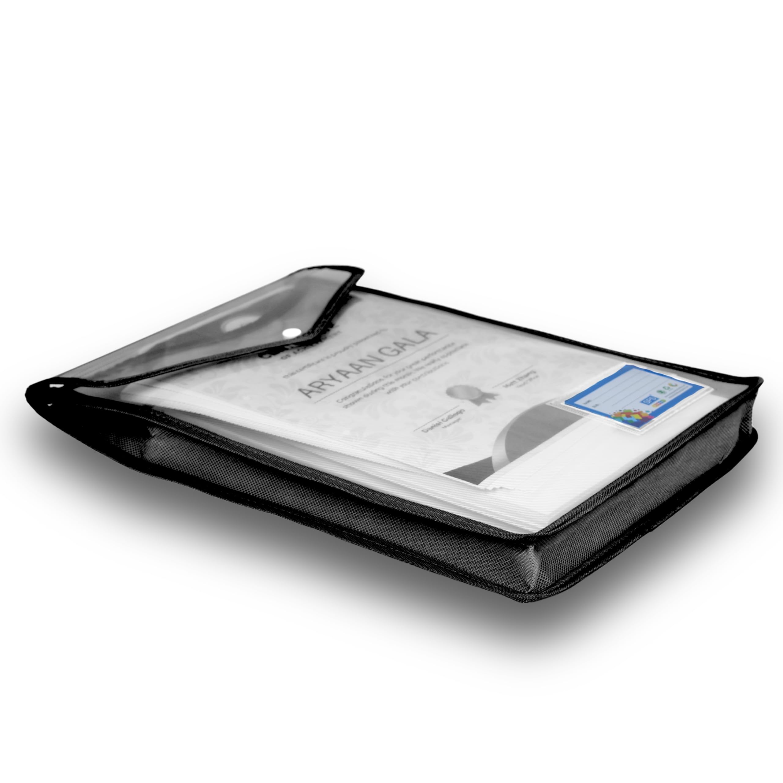SPS Carpeta de archivos, A4 vertical de poliplástico, bolsa de almacenamiento de archivos transparente con botón pulsador, juego de 5 carpetas de archivos (vertical, negro, paquete