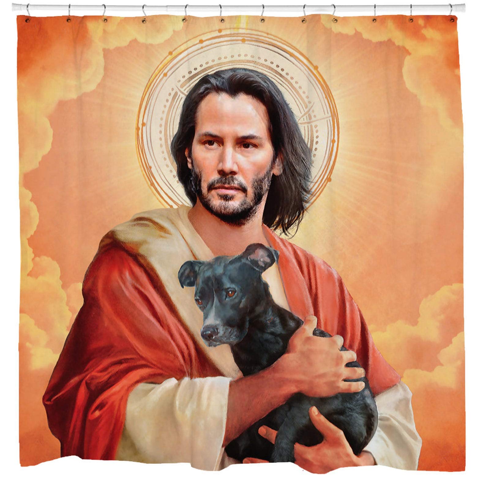 Sharp Shirter, IncSharp Shirter Funny Religious Shower Curtain, Hilarious Meme Art, Cool Bathroom Decor, Keanu Holding Dog, Orange Fabric, Hooks Included