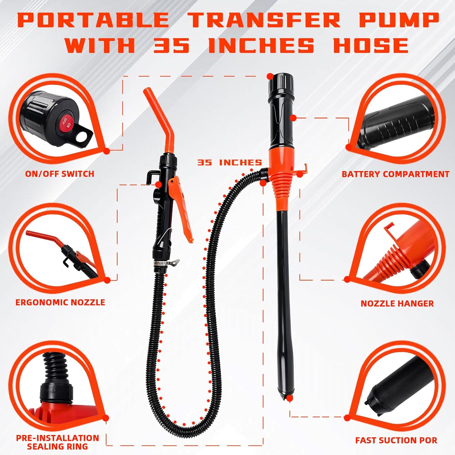 Liquid Transfer Pump, 3GPM 18L/MIN for Gasoline Diesel Water Oil, 10ft Hose with Auto-Stop Nozzle, Operated for Cars, Boats, RV, Drums