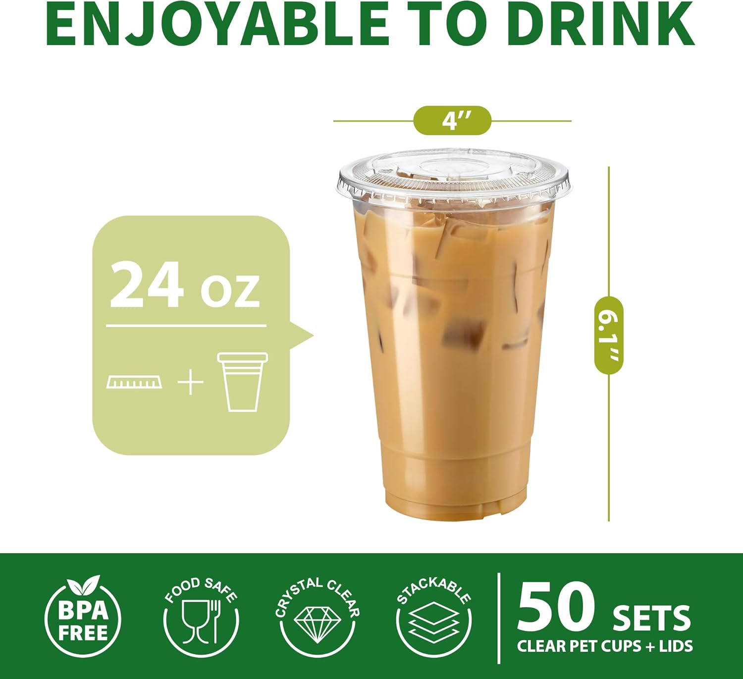 Clear Plastic Cups with Flat Lids, 50 Sets 24oz (100-Piece) Disposable PET Crystal Party Cups, Ideal for Iced Coffee, Smoothie, Milkshake, Juice, Dessert, To-Go Drinks and Cold Beverages - Image 2