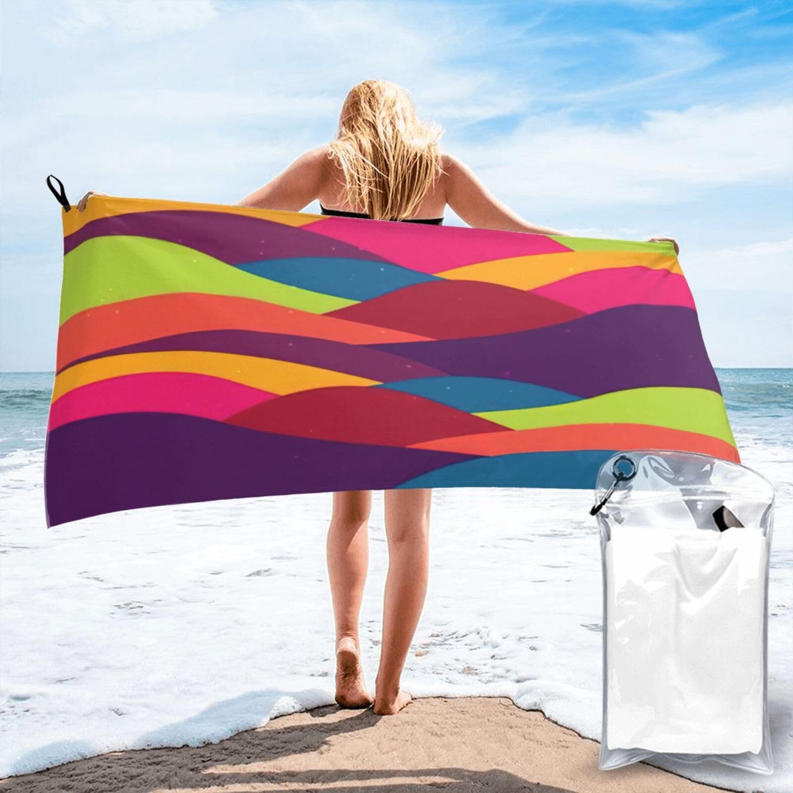 VCzsdff Waving Template Colorful Curves Print Quick Dry Towel Compact Beach Shower Wrap For Camping Fitness