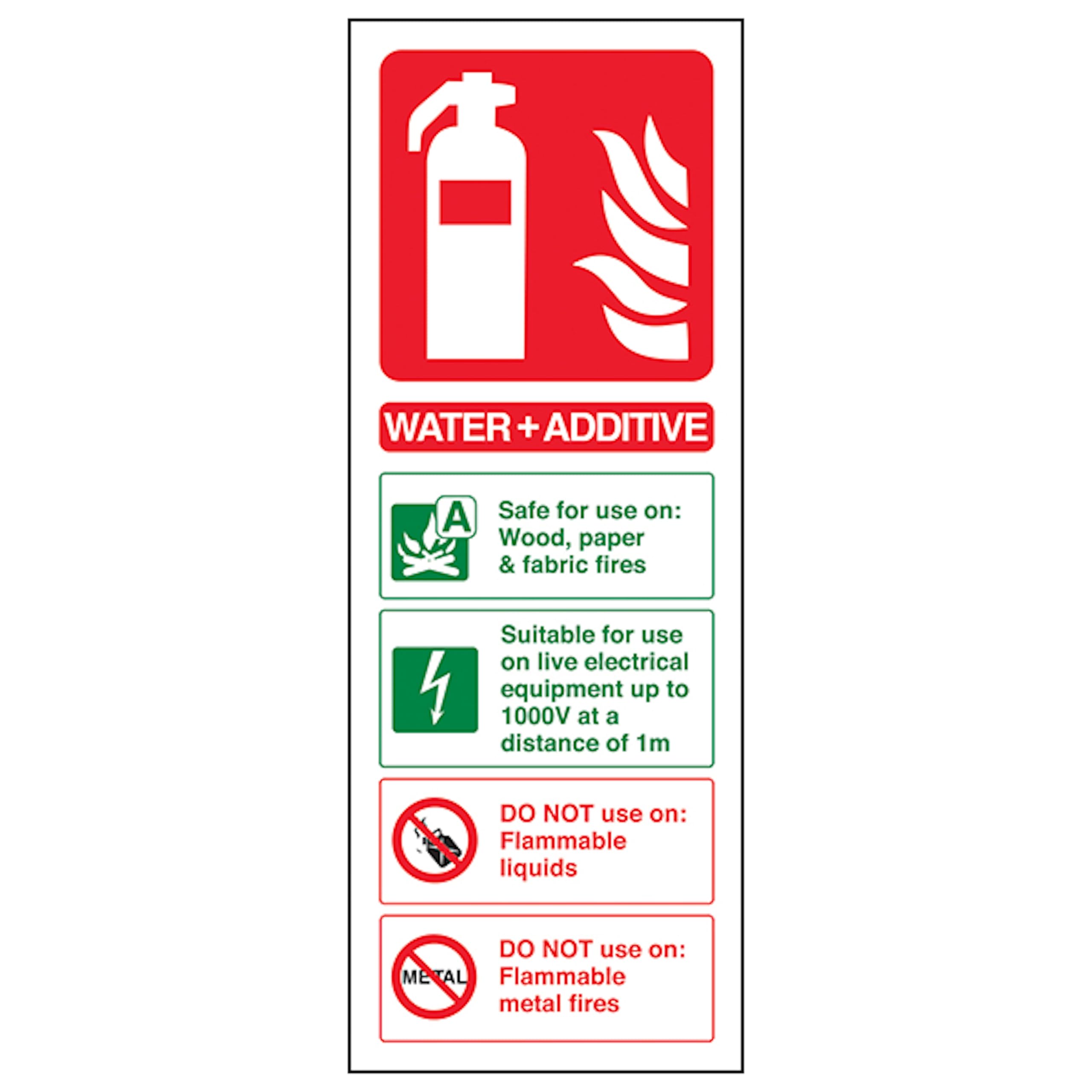 V Safety Water + Additive Fire Extinguisher 100 x 280 mm - 2mm Rigid Plastic Safety Sign