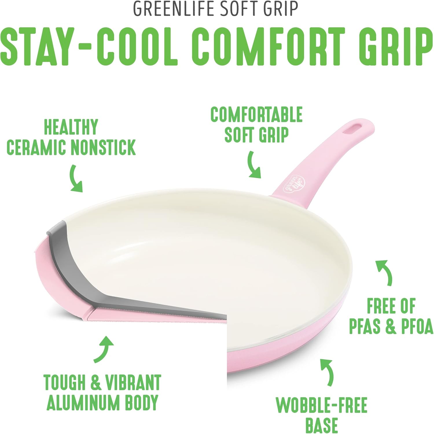 GreenLife Soft Grip Healthy Ceramic Nonstick, 8" 10" and 12" Frying Pan Skillet Set, PFAS-Free, Dishwasher Safe, Soft Pink - Image 3