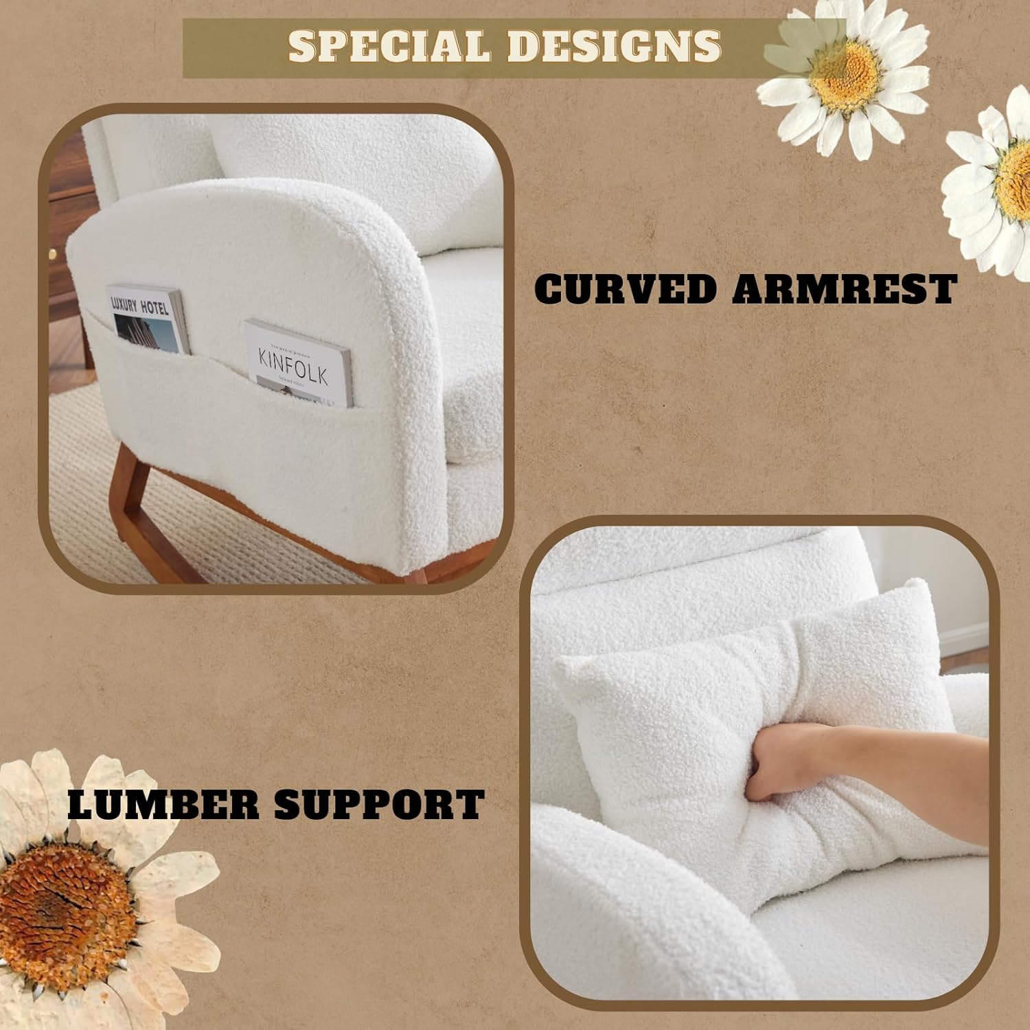 VINGLI White Teddy Fleece Rocking Chair Nursery with Thick Headrest, Upholstered Mid-century Modern Nursing Rocker Glider with Curved Armrest, Sturdy Solid Wood Base for Living Room,Bedroom, Baby Room White-teddy Fleece High Seat image 4 of 8 B0D86F8GMY