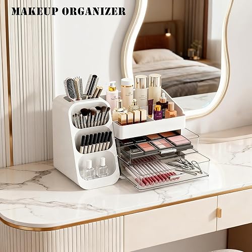 Miniatura 2 de Organizador de maquillaje con soporte para brochas para tocador, espaciosa vitrina de cosméticos con 2 cajones, el organizador de tocador de baño