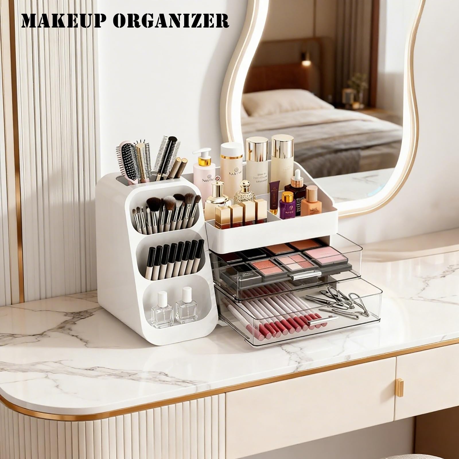 Make-up-Organizer mit Pinselhalter für Schminktisch, geräumige Kosmetikvitrine mit 2 Schubladen, der perfekte Badezimmer-Organizer für Beauty-Essentials, Hautpflege, Lippenstifte