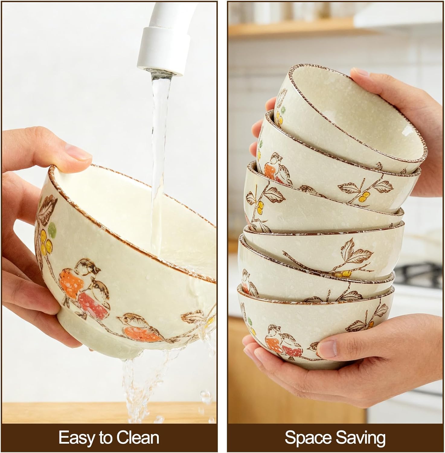 6 Pack Japanese Rice Bowls, 4 Inch Retro Chinese Ceramic Hand-Painted Floral Soup Bowl for Cereal, Ice Cream, Salad, Dessert, Noodles, Dishwasher Microwave Safe