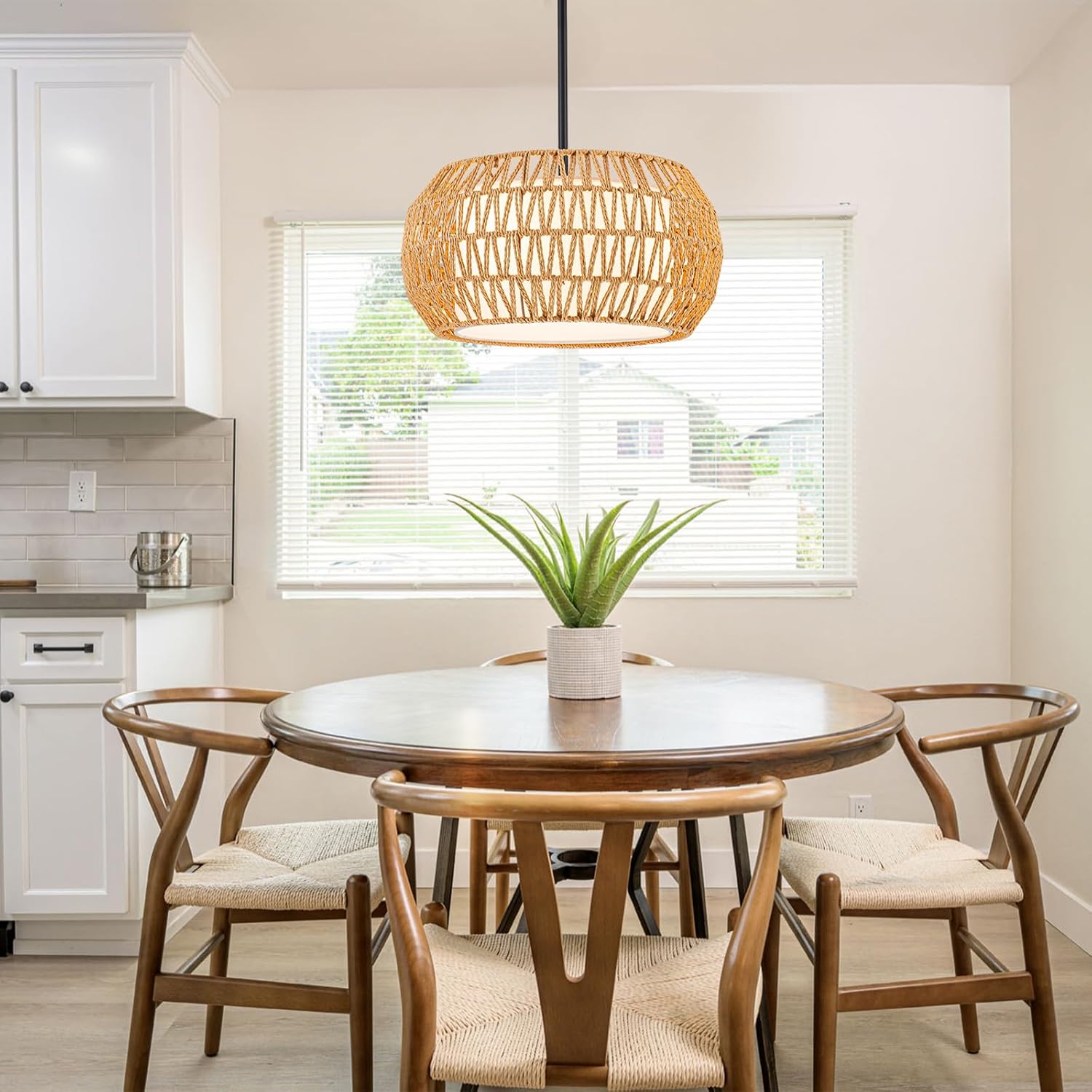 3-Light Farmhouse Rattan Chandelier,15.7'' Boho Hand Woven Drum Pendant Light Fixtures with Fabric Shade,Coastal Rattan Hanging Ceiling Lights for Kitchen Island,Dining Room,Living Room,Entryway,Foyer