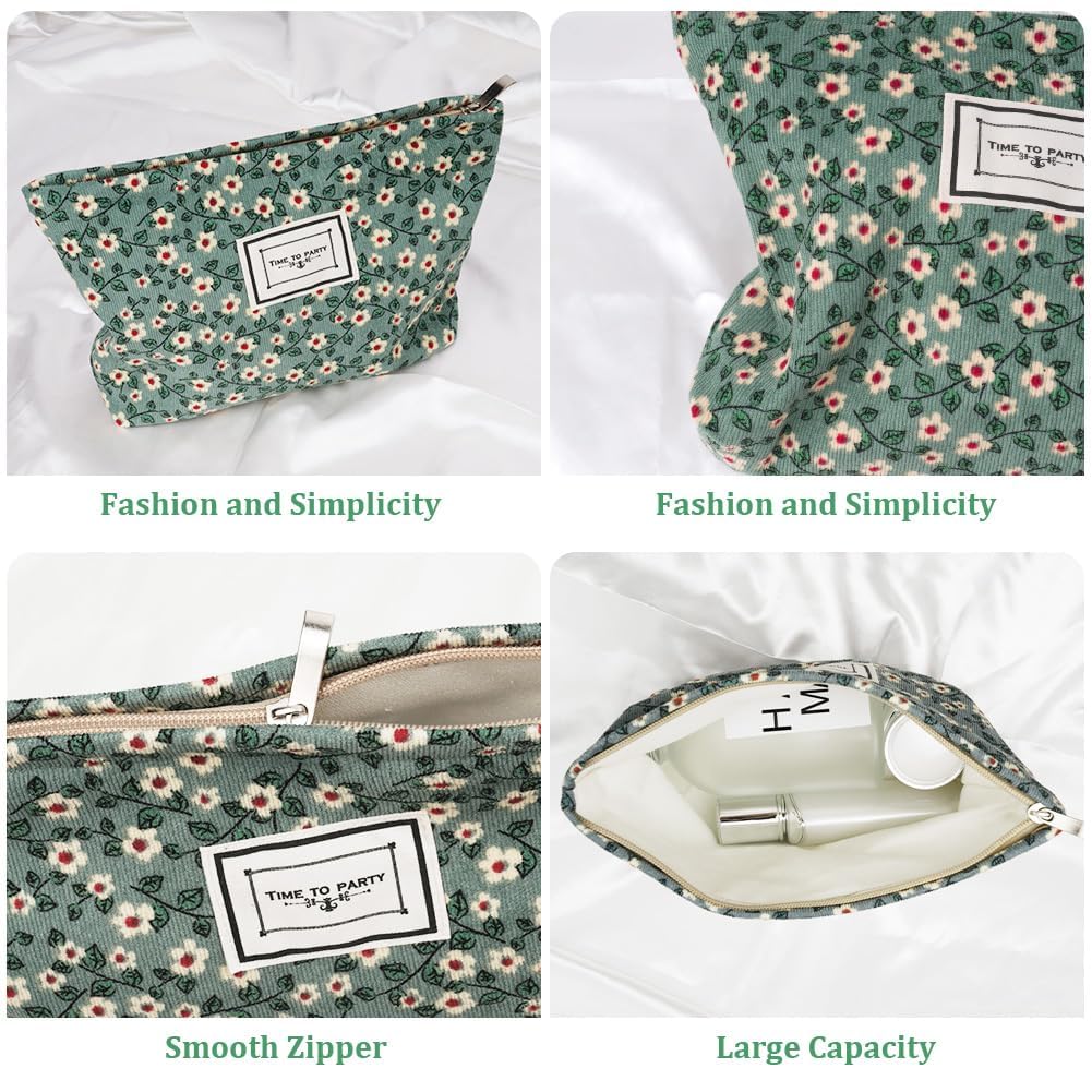 Aucuu Cosmetic Bags, 2 Pcs Small Floral Canvas Cosmetic Bag, Rose Flower Printing Corduroy Toiletry Bag - Image 3
