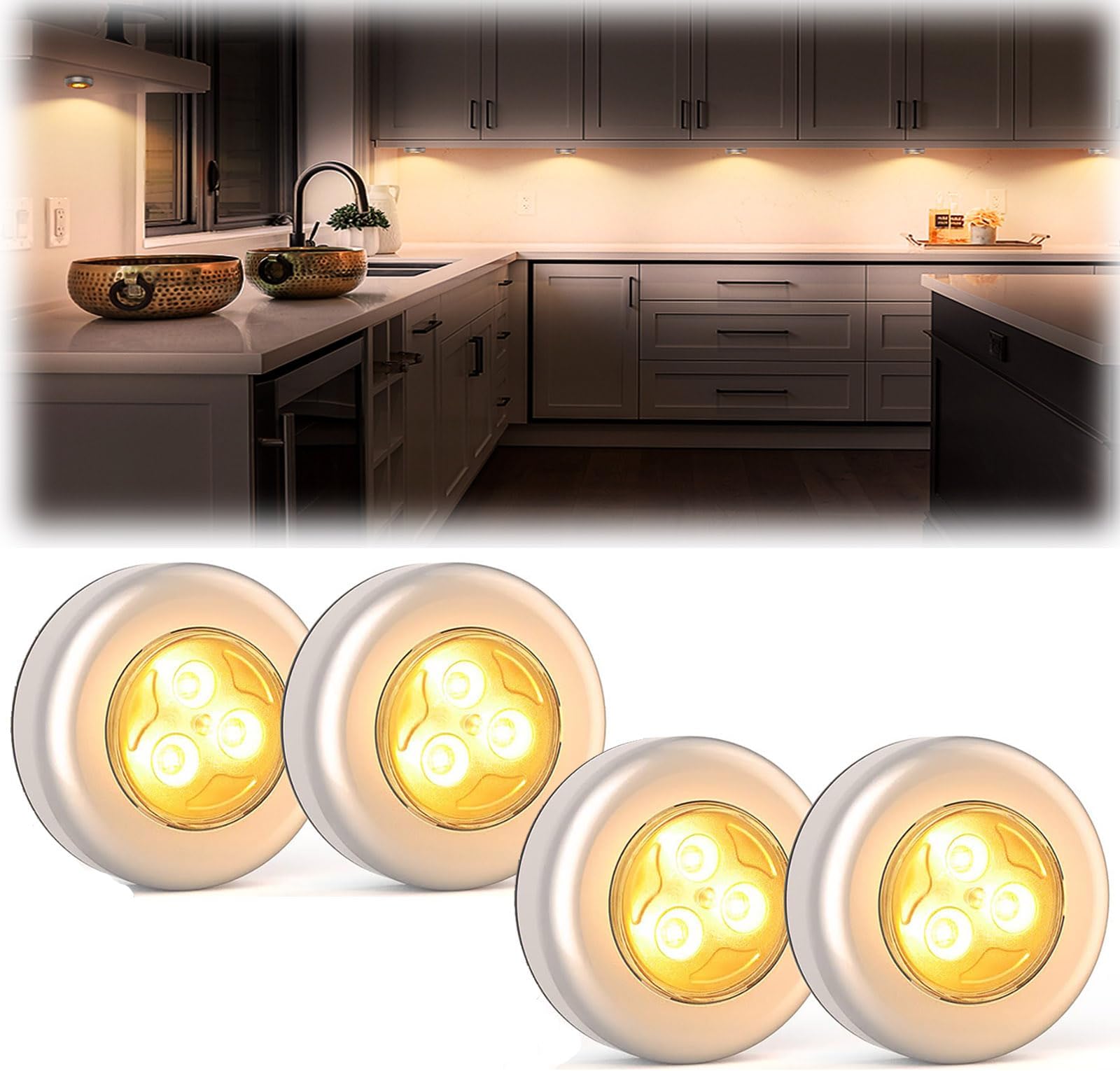 Mini Puck Light,4 Pack Cordless Under Cabinet Lights Battery Powered Tap Push Light,LED Puck Light Warm Lightings Stick On Lights for Closet Counter Kitchen Cabinet RV Indoor Outdoor Press Light