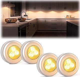 Mini Puck Light,4 Pack Cordless Under Cabinet Lights Battery Powered Tap Push Light,LED Puck Light Warm Lightings Stick On Lights for Closet Counter Kitchen Cabinet RV Indoor Outdoor Press Light