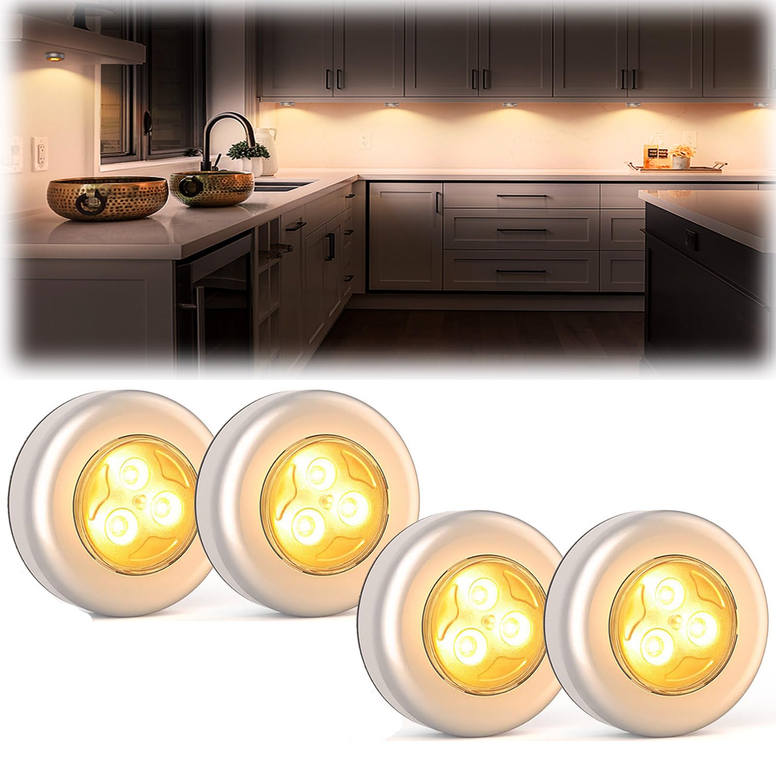 Mini Puck Light,4 Pack Cordless Under Cabinet Lights Battery Powered Tap Push Light,LED Puck Light Warm Lightings Stick On Lights for Closet Counter Kitchen Cabinet RV Indoor Outdoor Press Light