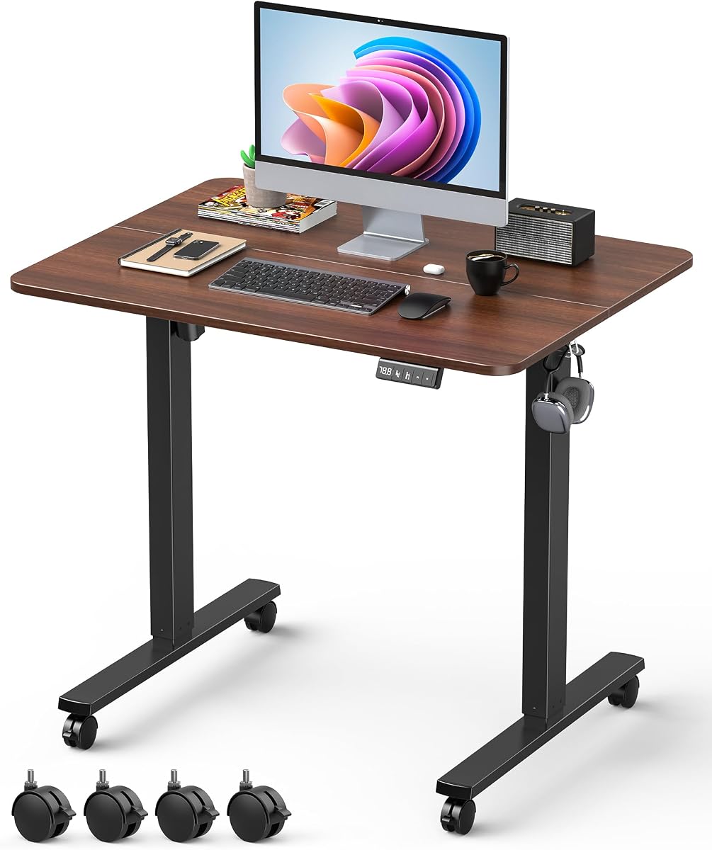 32" Small Rolling Electric Standing Desk Adjustable Height for Home Office | Mobile Sit Stand up Desk with Lockable Casters for Computer Workstation, Memory Preset, 2 Hooks, Black Frame/Walnut Top