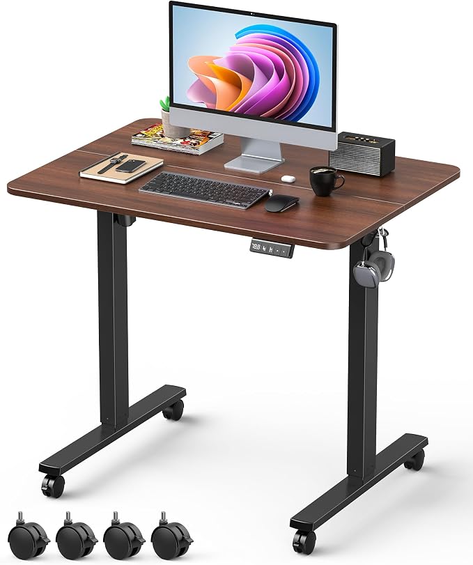 Bureau à hauteur réglable, 80 x 60 cm, plateau lisse monobloc, électrique, avec fonction mémoire, acajou