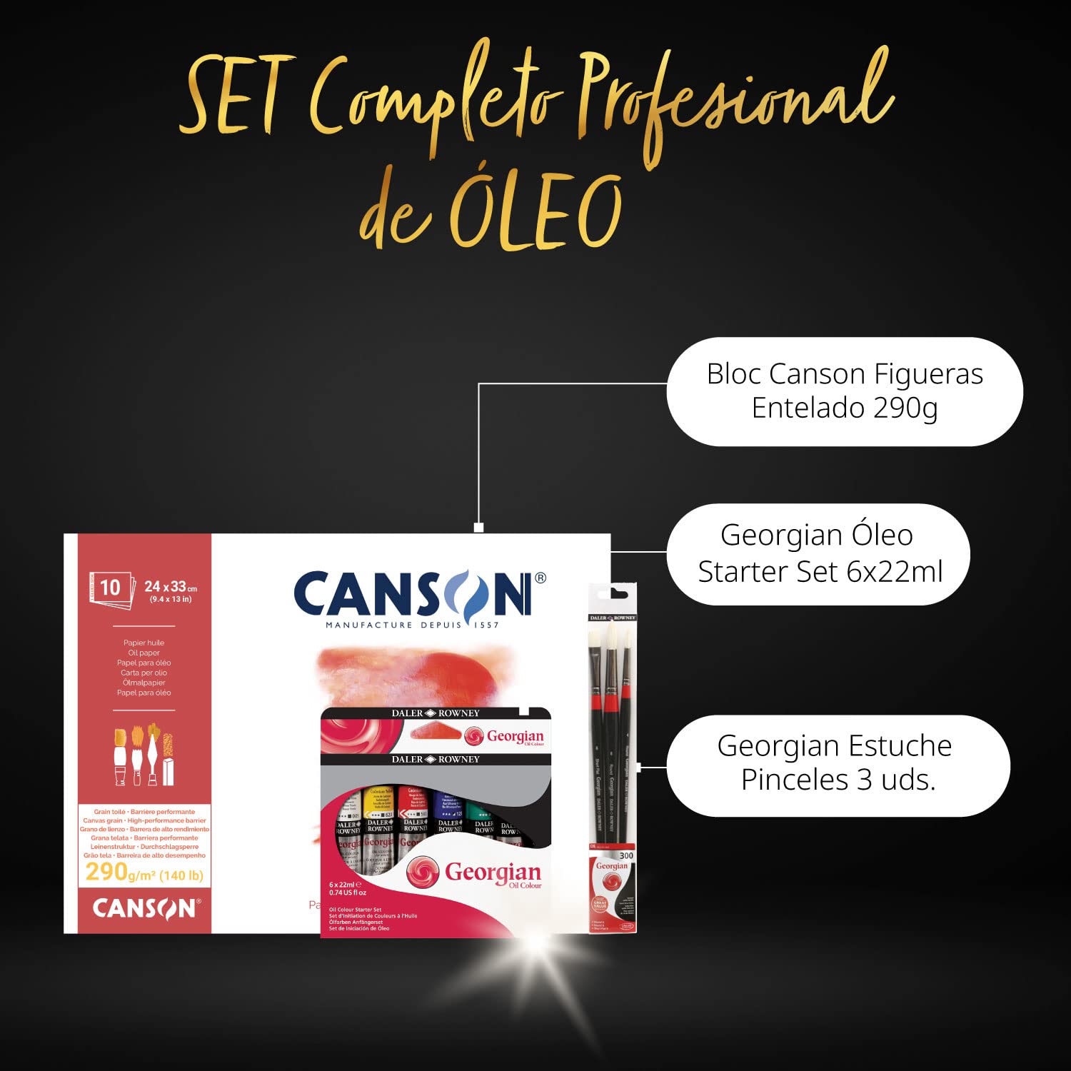 Zestaw Bloc Canson Figueras z 10 arkuszami 290g, zestaw leo Starter Georgian z 6 rurkami do malowania 22 ml i zestaw 3 szczotek Georgian z długim uchwytem Idealny do leo - Biuro