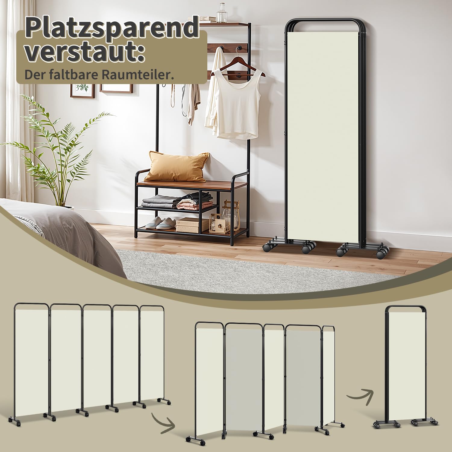 Paravento su rotelle, 1 pezzo, 185 x 180 cm, beige