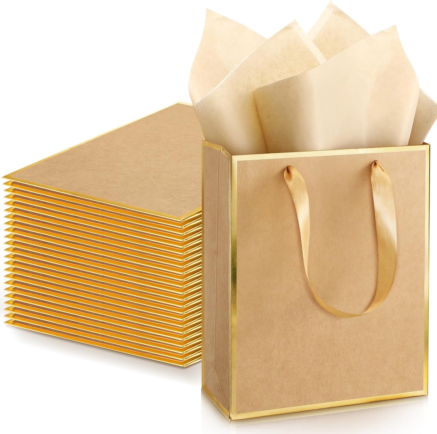 Yeaqee 24 Pack Metallic Paper Gift Bags with Handle and Tissue 9x7x3.1 Gold Foil Welcome Thank You Favor Bags Return Gifts for Wedding St. Patrick's 5 Senses Bridesmaid Birthday(Kraft, Gold)
