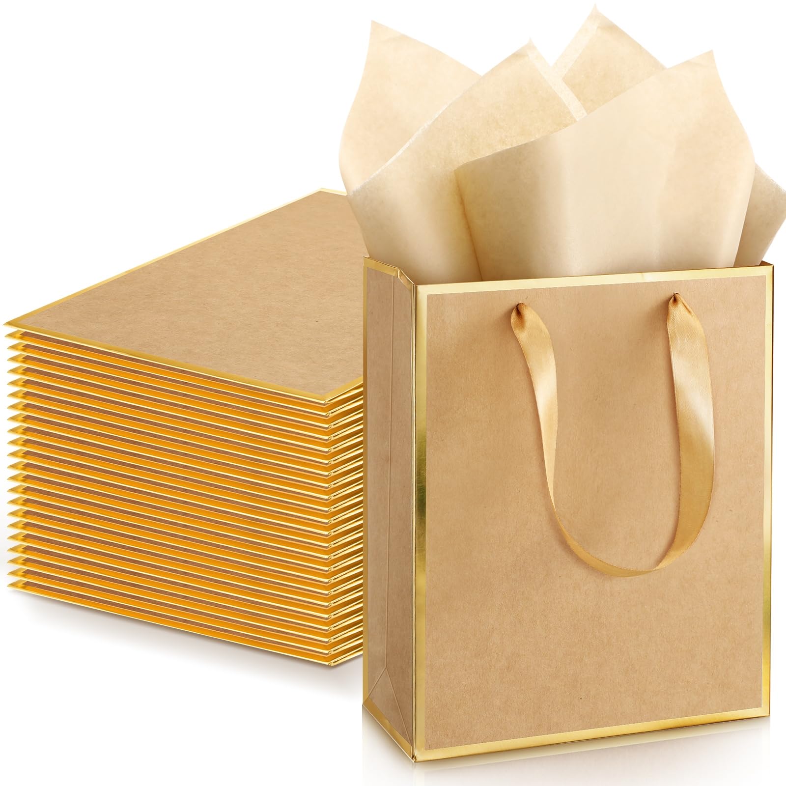yeaqee 24 pack metallic paper gift bags with handle and tissue 9x7x3.1 gold foil welcome favor bags return gifts for wedding fall 5 senses valentine bridesmaid birthday(kraft, gold)