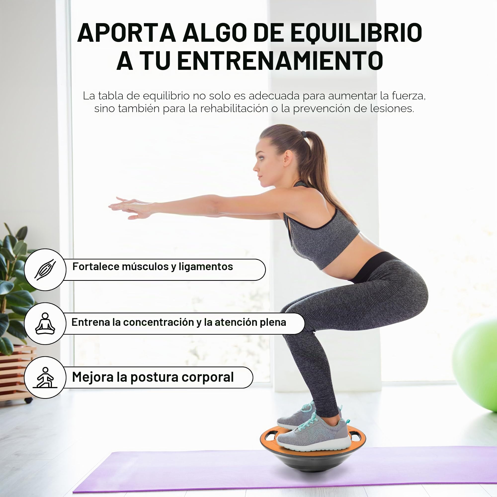 Tabla de equilibrio Premium de 40 cm de diámetro con póster de ejercicios y aplicación de ejercicios GRATIS - Tabla de equilibrio de fisioterapia, Equilibrio