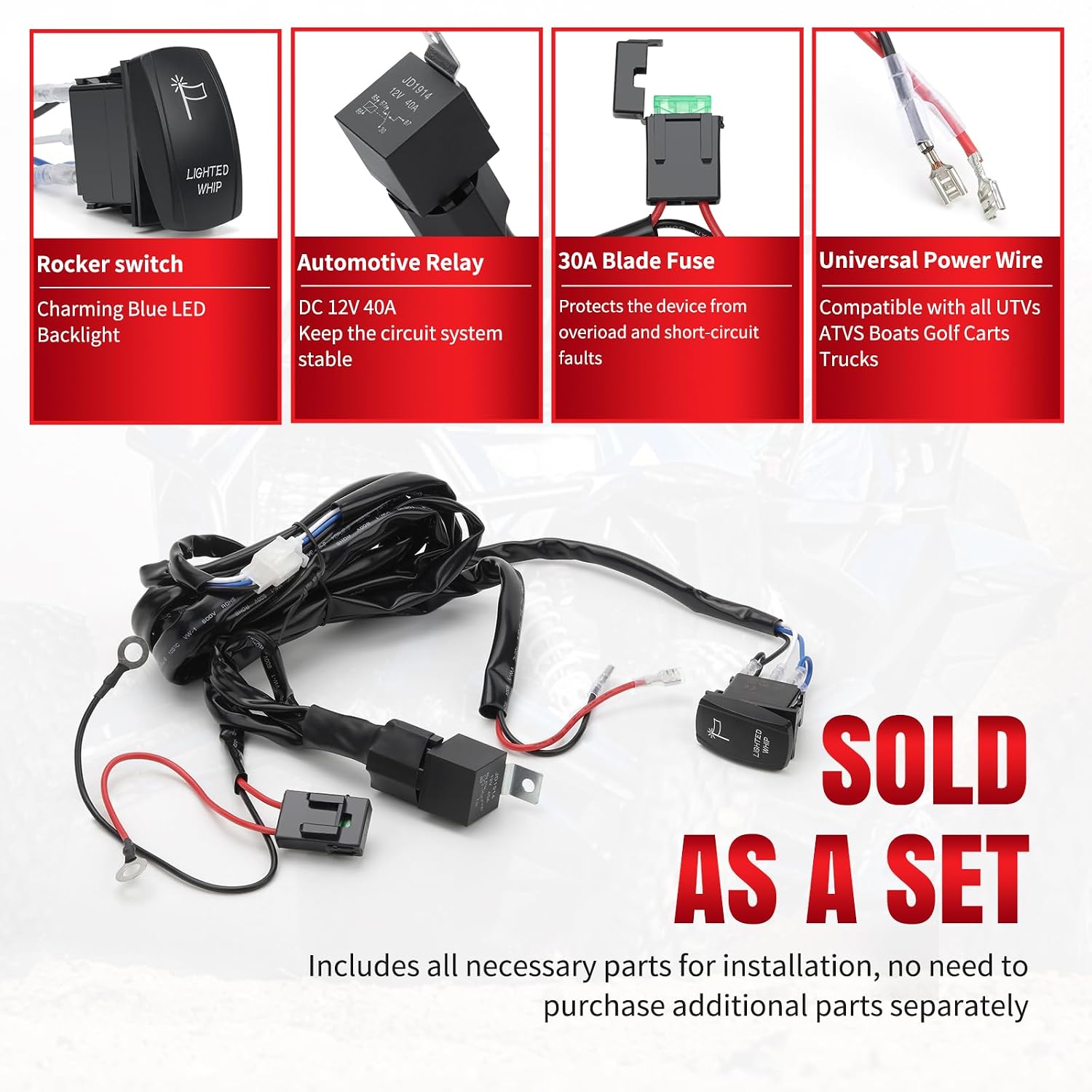 Lighted Whip Light Wiring Harness Kit 12V 16AWG Rocker Switch Relay Fuse