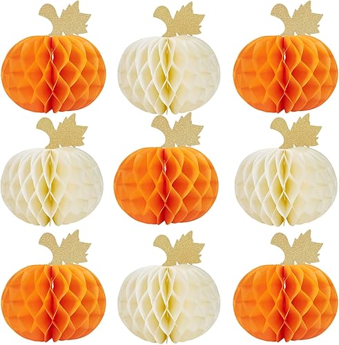 Miniatura 4 de 9 piezas de decoración de calabaza, centros de mesa de calabaza de panal de otoño para mesas, decoraciones de fiesta de calabaza para Halloween,