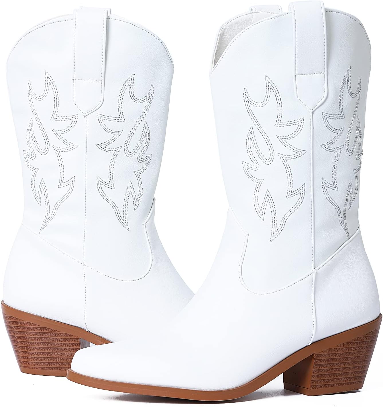TscoyukiCowboy Boots for Women Mid Calf Cowgirl Boots Embroidered Chunky Heel Pointy Toe Western Boots