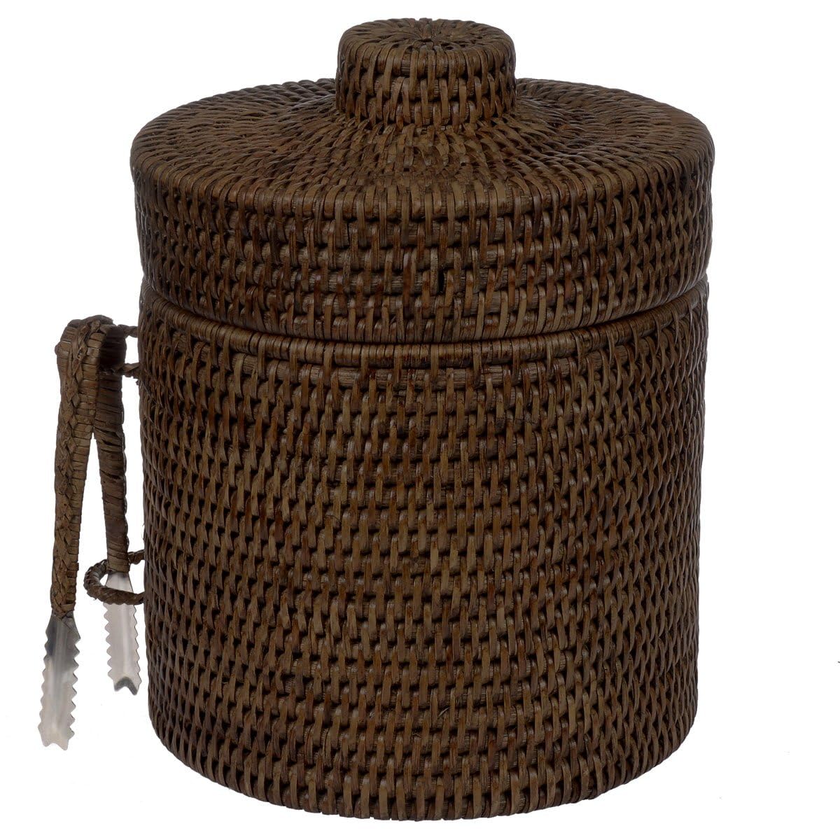Seau à glace/seau à glace, avec couvercle et pince, en plastique et rotin tressé, Ø 20 x H 25 cm/2,5 l, pour bouteilles et glaçons, FL99434-AB
