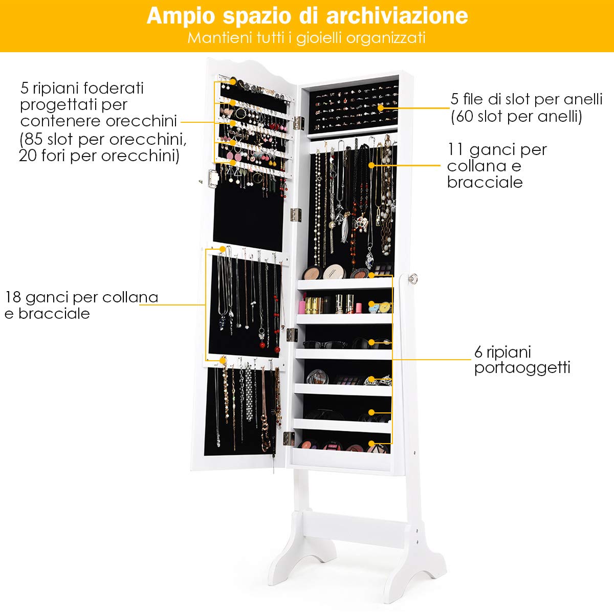 RELAX4LIFE Armadietto Portagioie da Terra con Specchio a Figura Intera, 4 Angolo di Inclinazione Regolabile, Specchio da Terra per Gioielli e Accessori (Bianco)