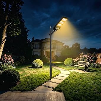 LANGY 3000K Warm White Solar Street Lights Outdoor 120LEDs,15000LM Street Light Solar Powered,Motion Sensor with Remote Control,IP66 Waterproof Soft White Lighting for Patio,Grade Barn Backyard,Garden
