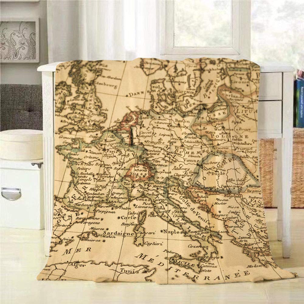 Mugod Old Map Throw Blanket Antique Europe Map Italy France Spain Mediterranean Continent Soft Cozy Fuzzy Warm Flannel Blankets Decorative for Baby Toddler Swaddle Dog Cat 30X40 Inch