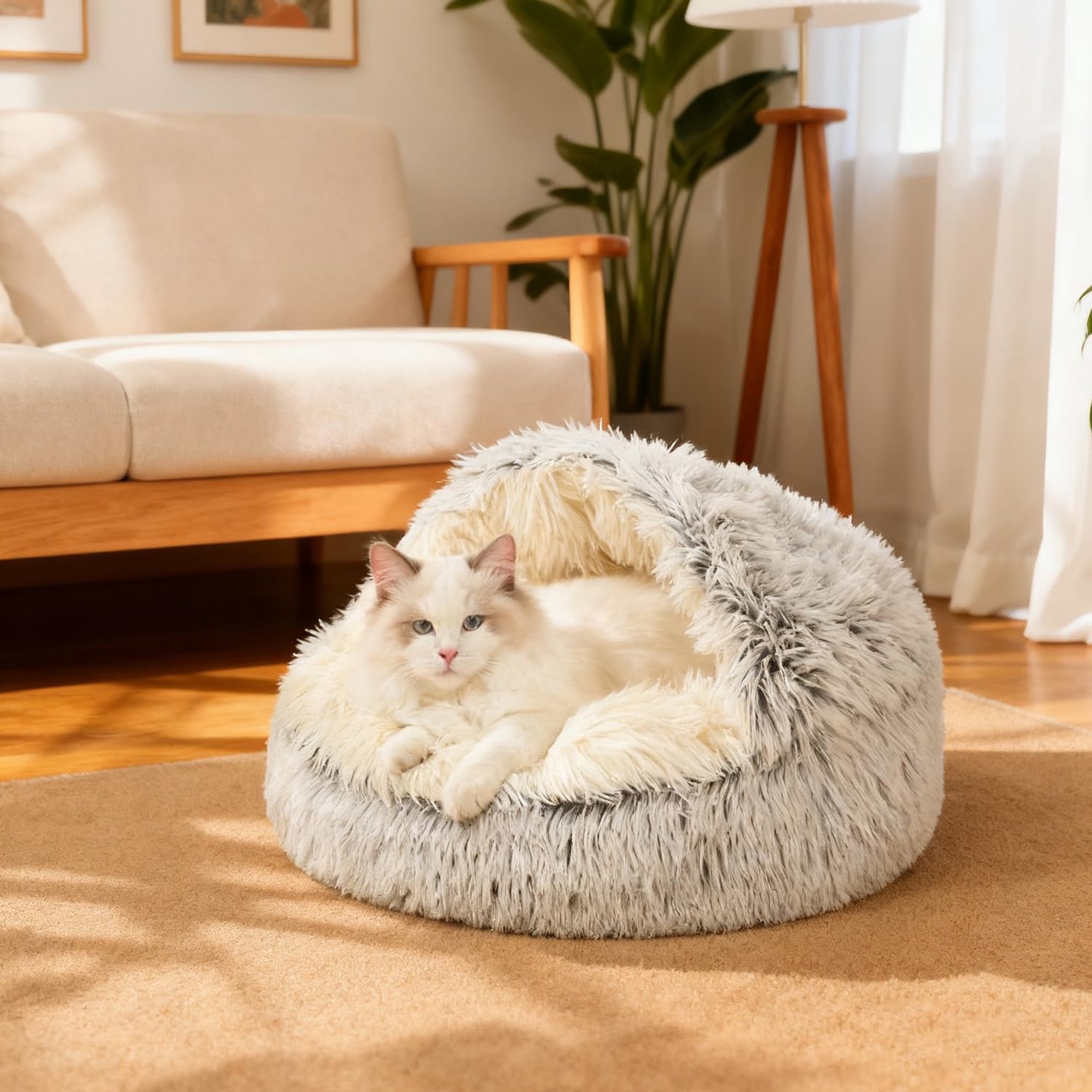 Cuccia per Animali Domestici Letto da Interno Lavabile Lettino soffice per Cani a Forma di Conchiglia Calmante Soffice Peluche Divano per Lettino Gatto Cesto per Gatto e Cane (Grigio, 50cm Ø)