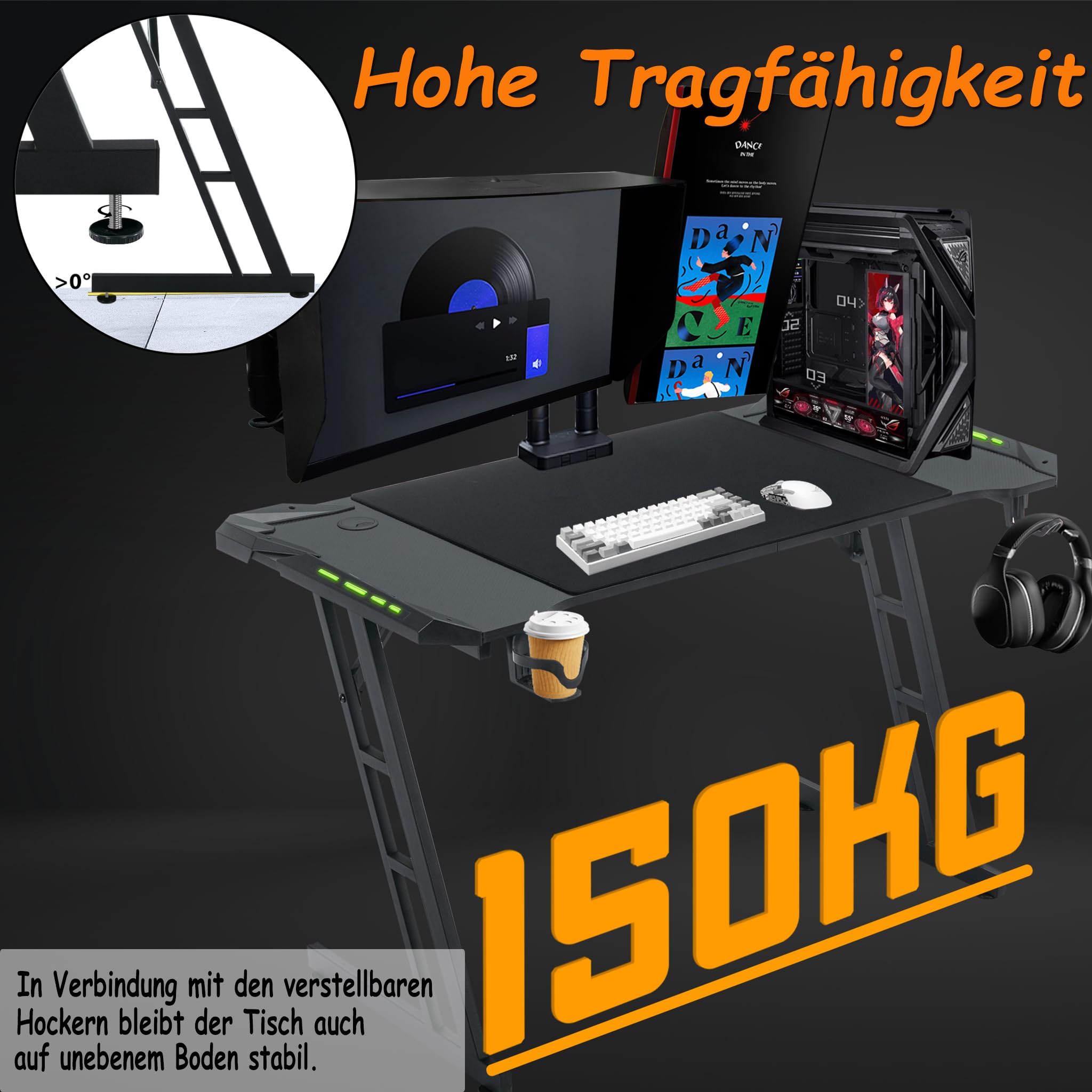 120 x 60cm Gaming Schreibtisch Gaming Schreibtisch mit RGB LED - Kopfhörerhaken und Getränkehalter Schwarz C