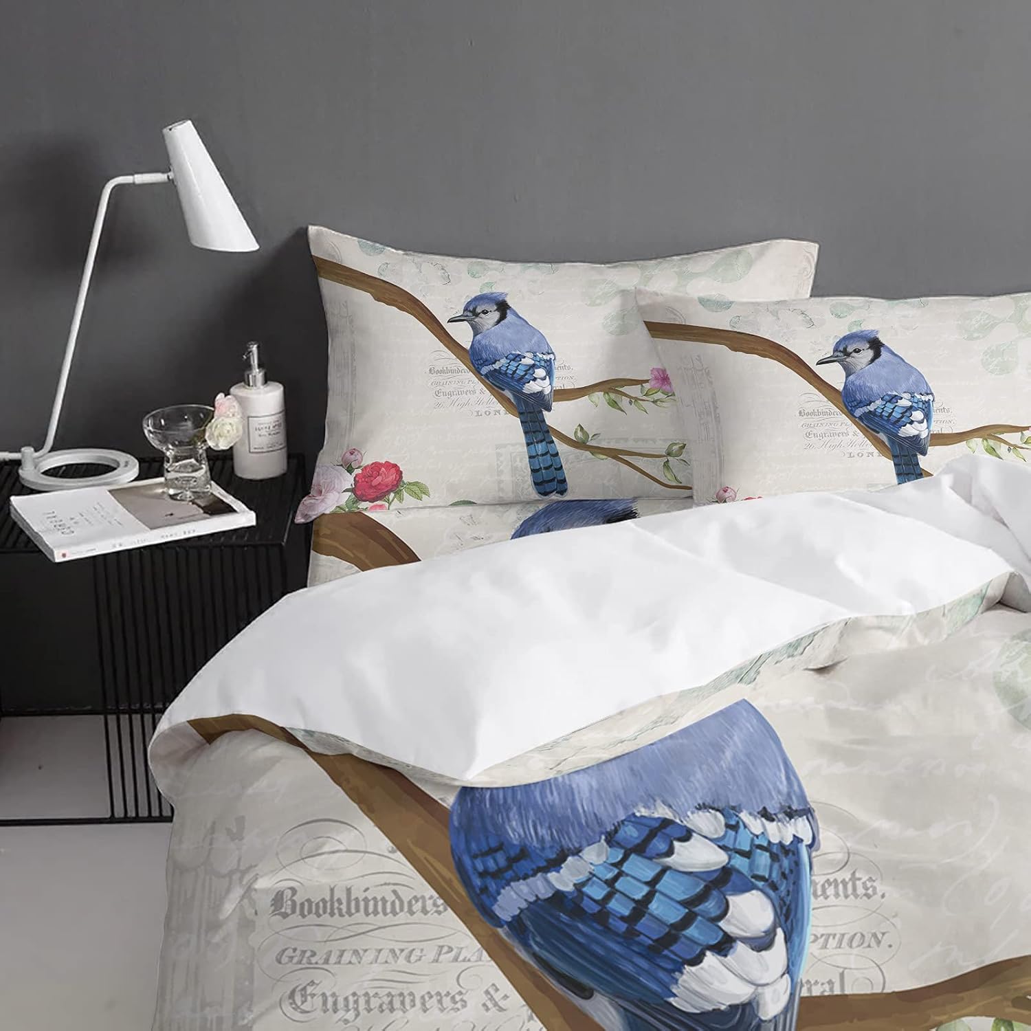 Product Deal 4 Pieces Bedding Bed Sheet Set Soft Microfiber Comforter Cover, Blue Jay Bird and Pink Blooming Flowers Duvet Cover Set Bed Set for Adult Teen, Easy Care California King Size Natural Art Retro Poster