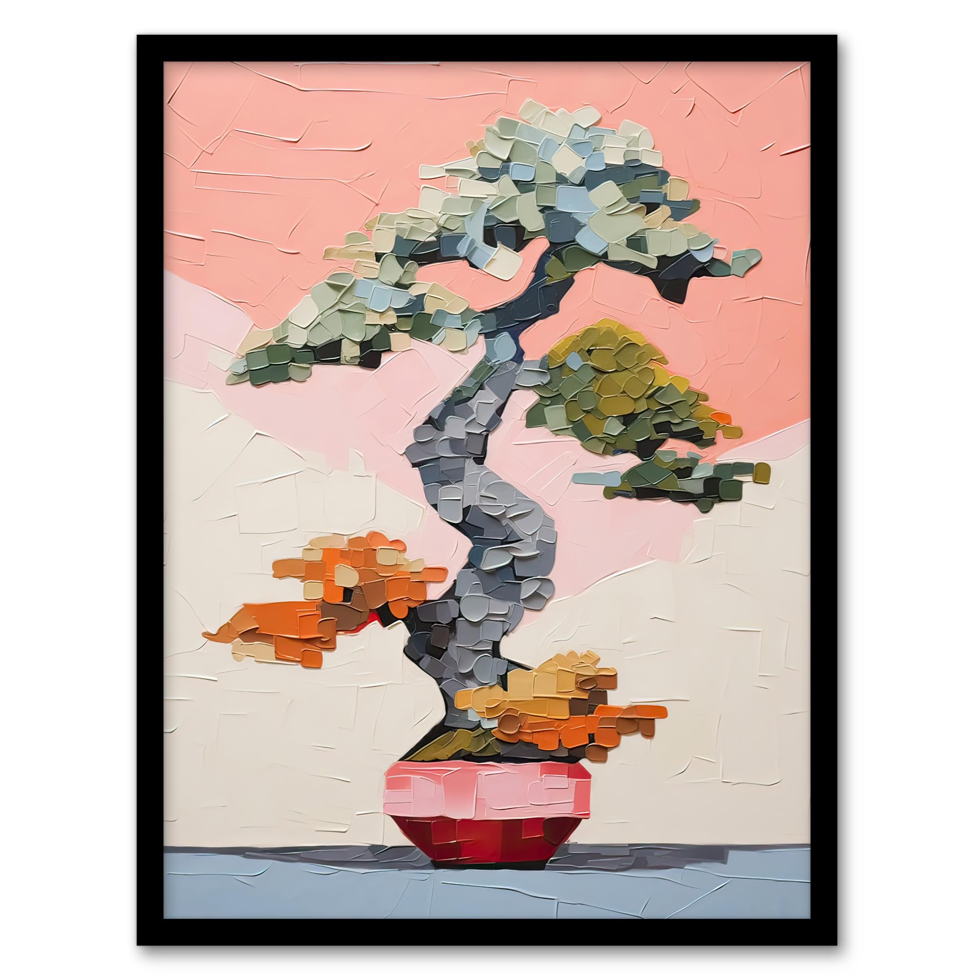 Artery8 Japanese Bonsai Tree Plant Pot Thick Palette Knife Oil Painting Artwork Framed Wall Art Print A4