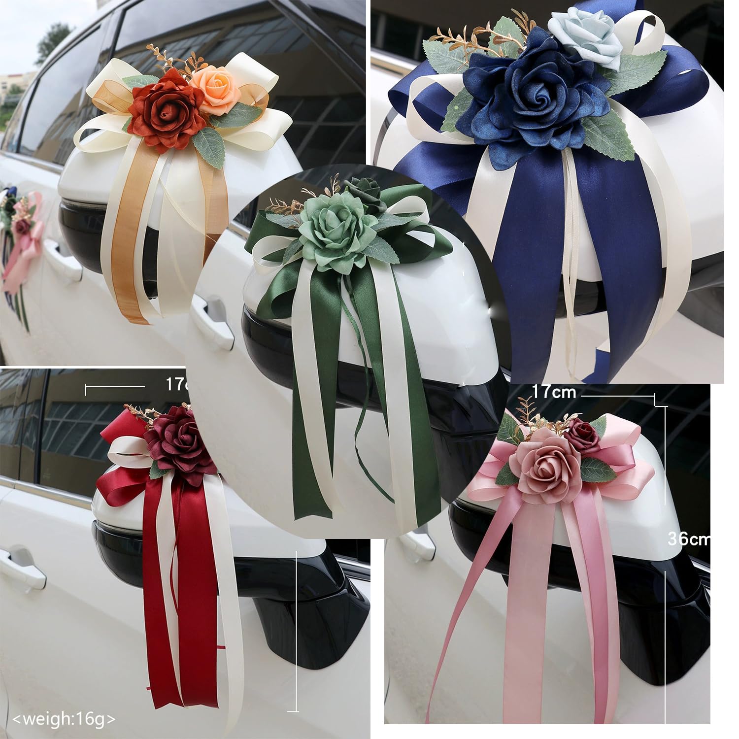 GreatRise 4er Set Auto Seidenblumen Schleifen – Künstliche Rosen Mit Organzaband, Hochzeitsschleifen Für Türgriffe, Rückspiegel & Stühle, Wiederverwendbare Deko Für Feiern & Geschenke