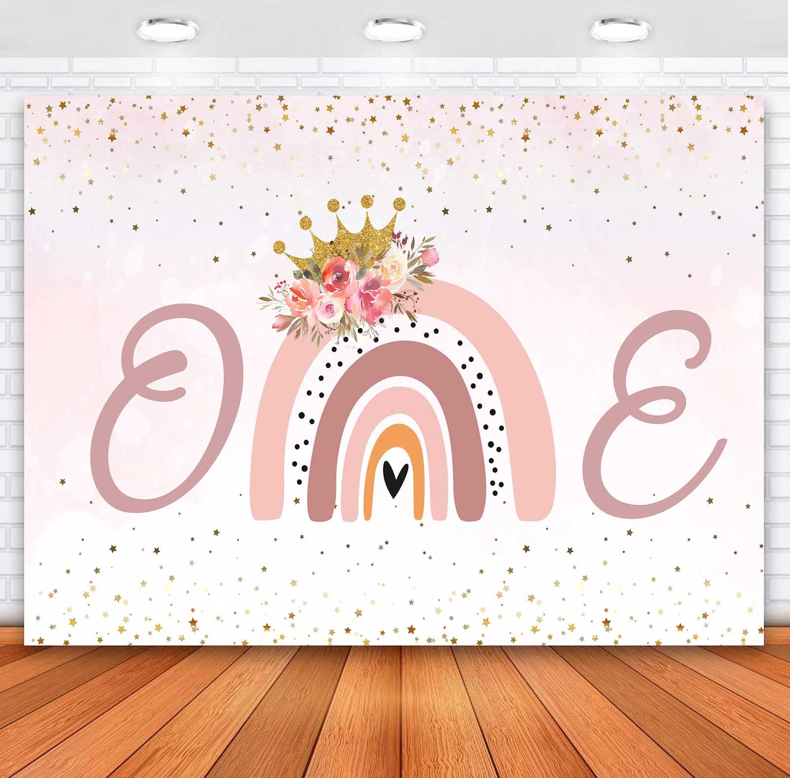 Sensfun Boho Rainbow Happy 1st Birthday Backdrop Girl Pink Boho Baby Shower Banner Decorations Background Floral Gold Stars Rainbow First One Birthday Cake Smash Party Photoshoot Backdrops 7x5ft