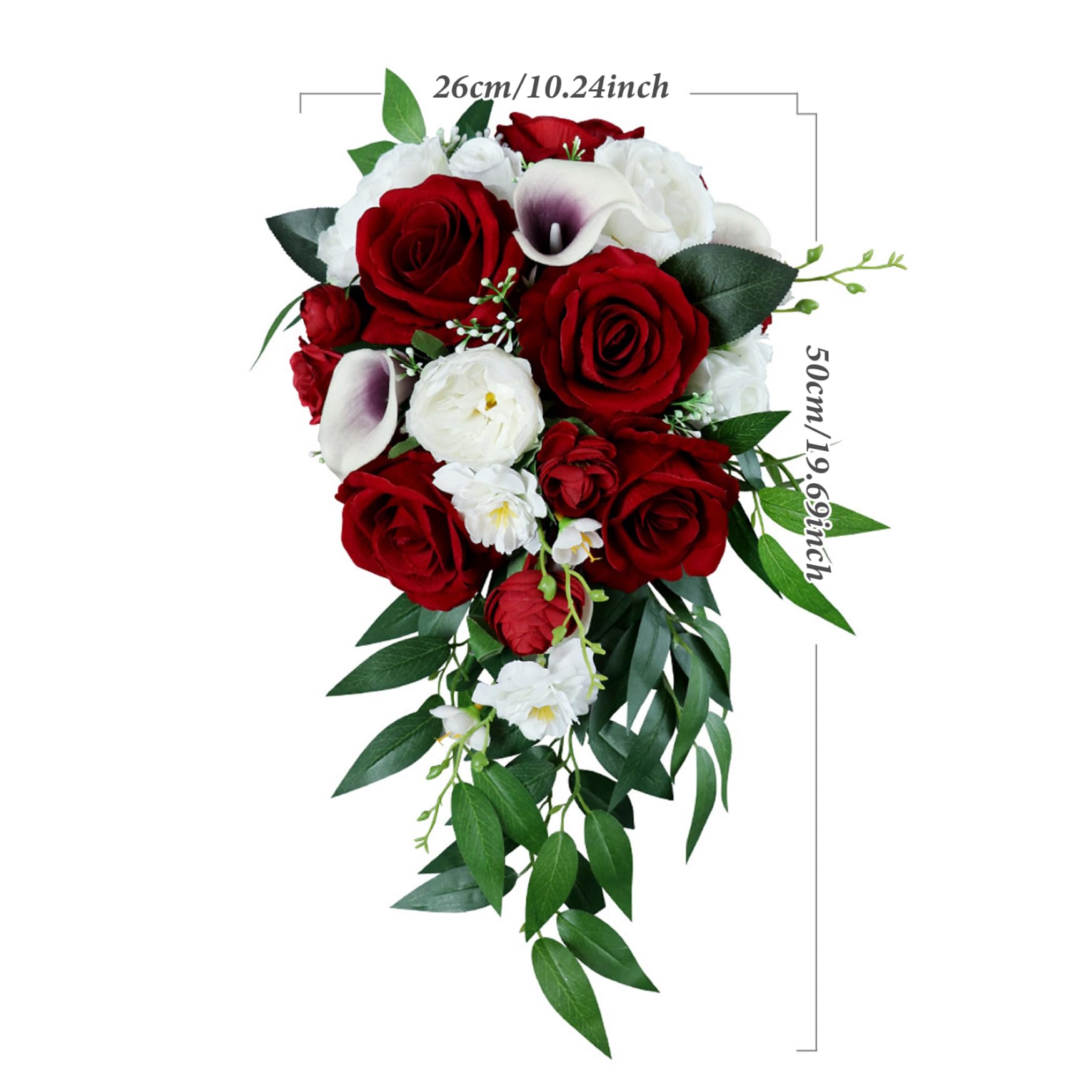Bouquet da sposa per la sposa, cascata di rose di giglio di calla rosso vino bianco, bouquet a cascata artificiale rustico per cerimonia di matrimonio anniversario
