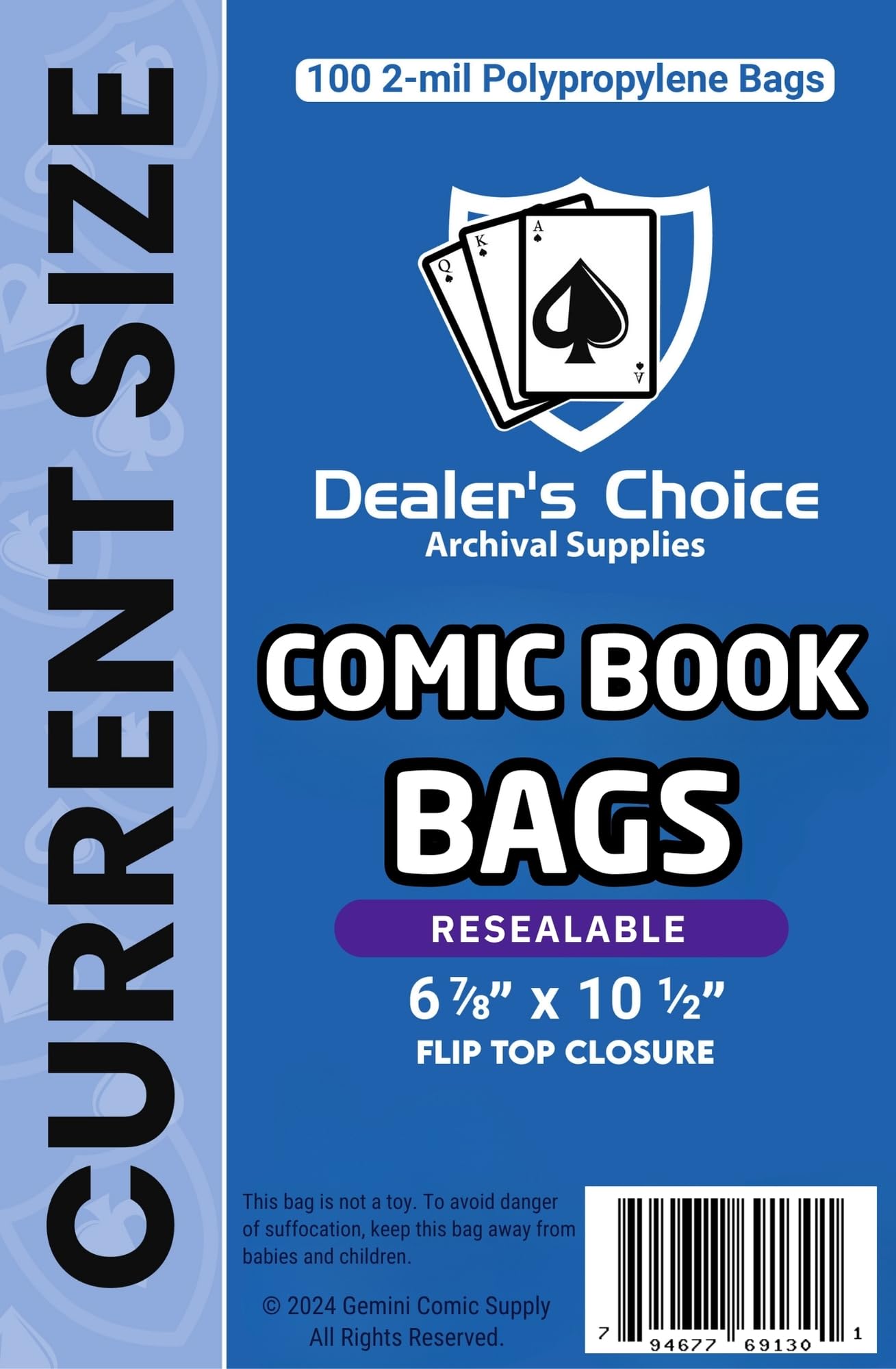 Gemini Resealable Comic Book Bags | 100ct Current Size Comic Book Sleeves (6 7/8" x 10 1/2") | 2-mil Polypropylene, Acid-Free, 1-1/2" Fold Over Flap,